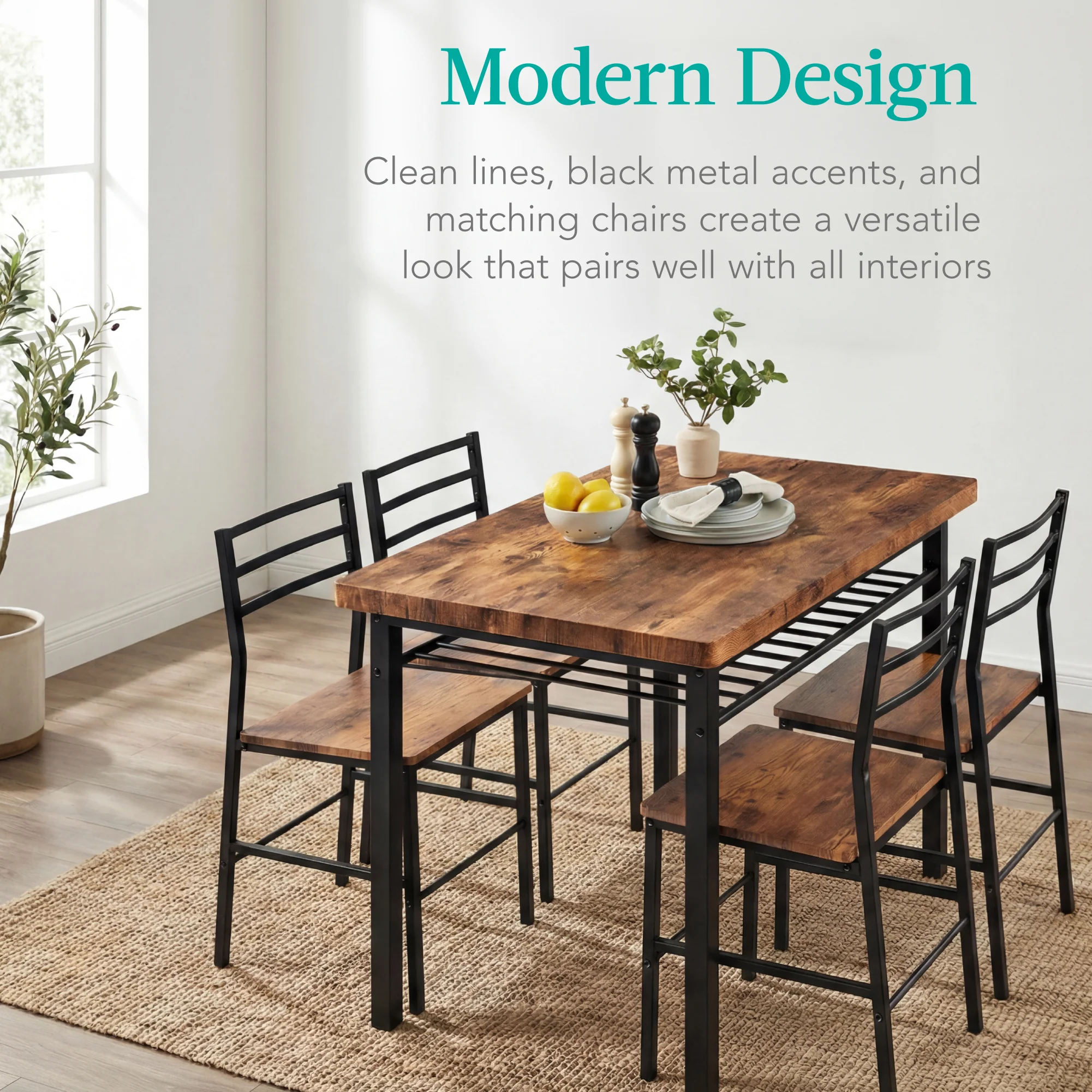 5-Piece Modern Dining Set, Kitchen Table W/ 4 Matching Chairs & Storage Rack - Image 6