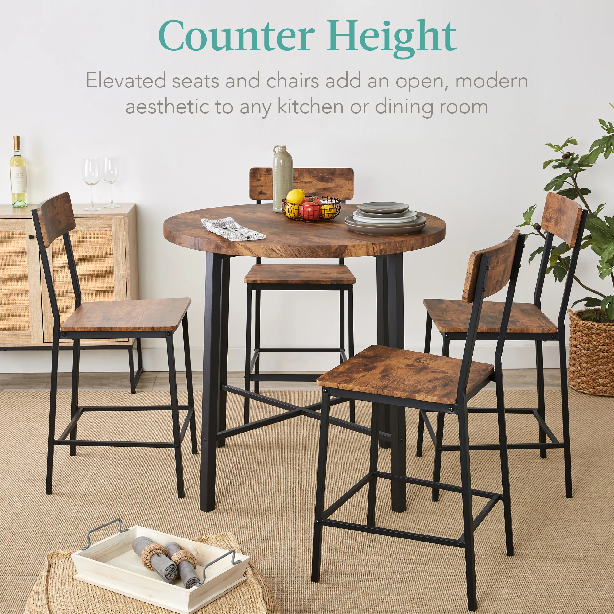 5-Piece Modern Round Counter Height Dining Set w/ 4 Chairs - Image 2