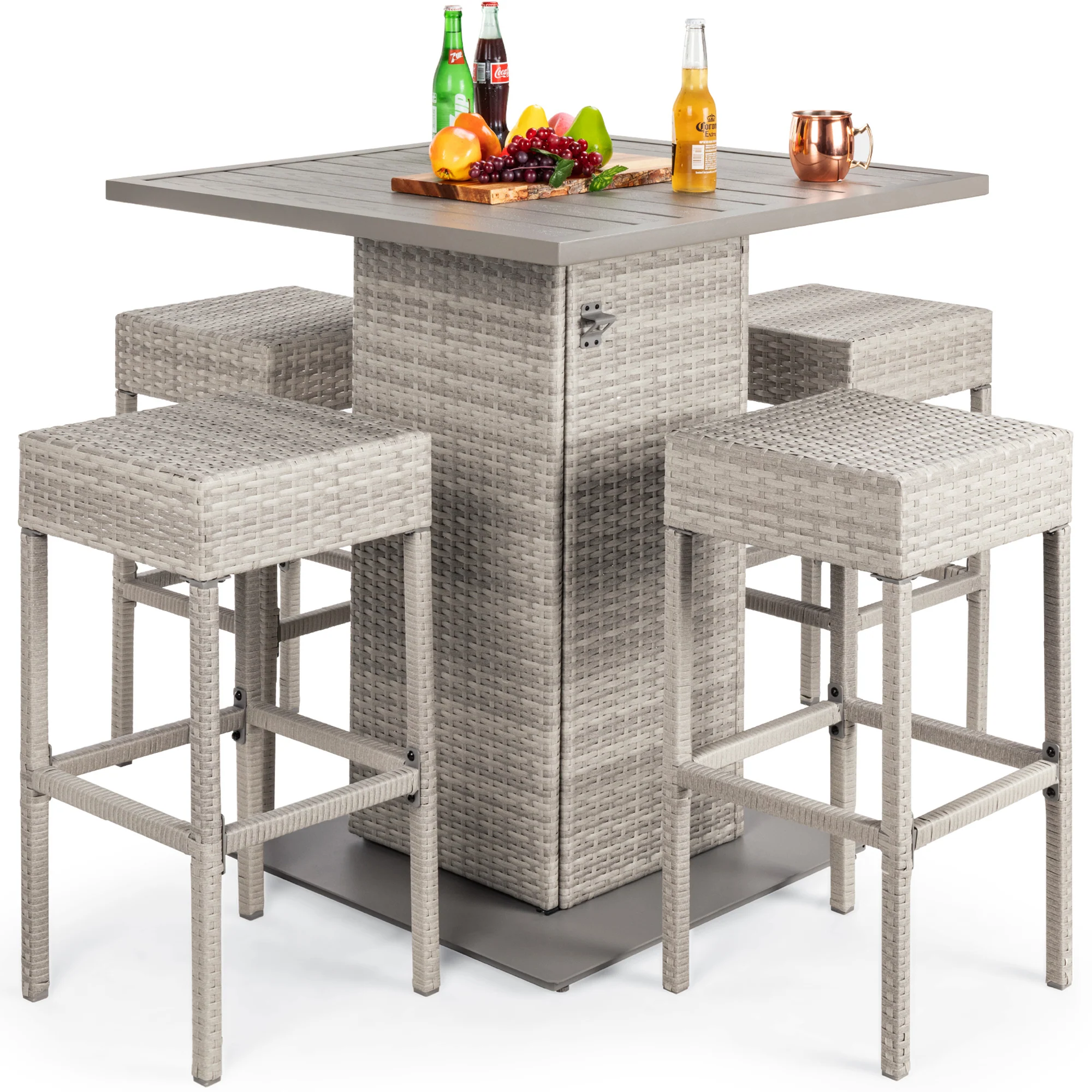 5-Piece Wicker Bar Set w/ 4 Stools, Built-In Bottle Opener, Hidden Storage - Image 15