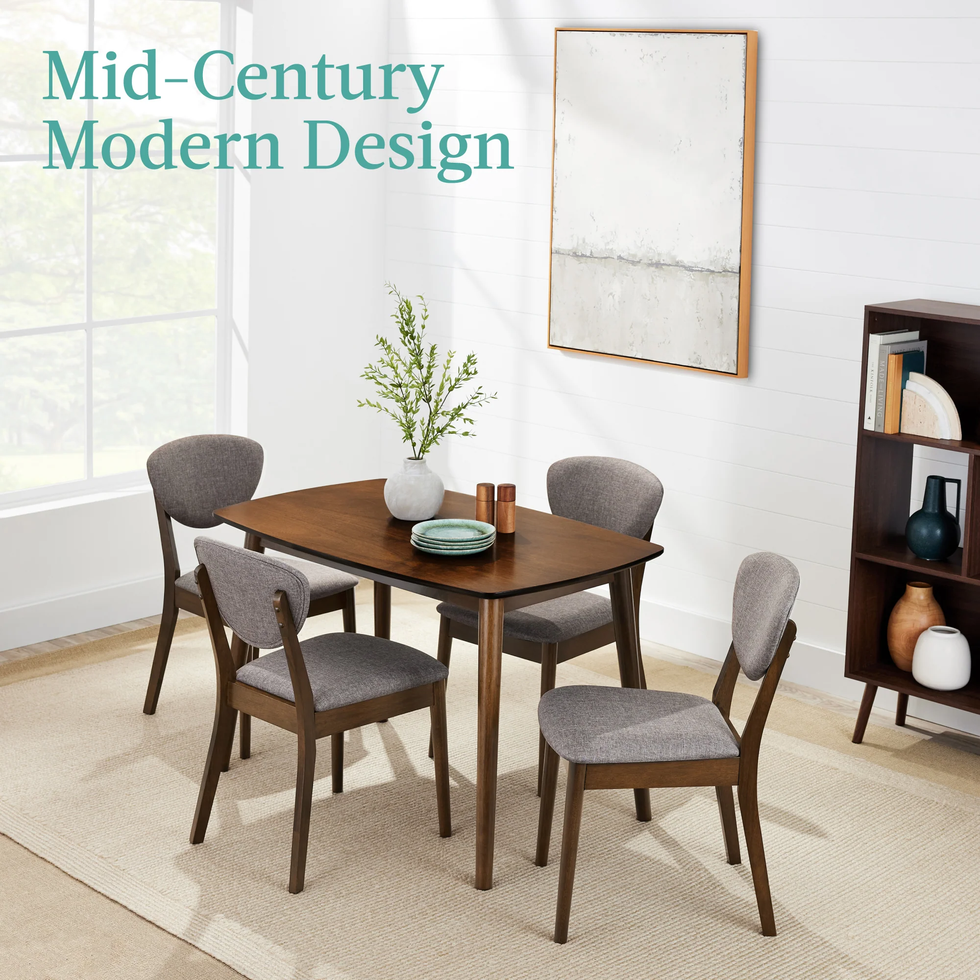 5-Piece Wooden Mid-Century Modern Dining Set w/ 4 Chairs, Padded Seat & Back - Image 9