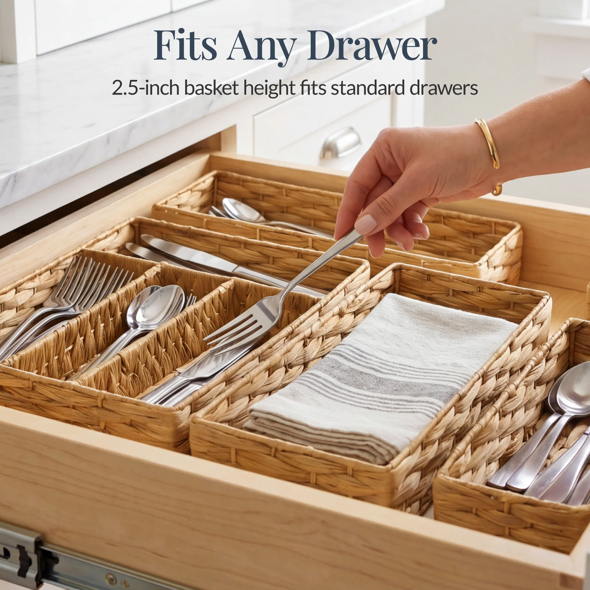 5PC Flatware Organizer Set, Woven Modular Silverware & Utensil Drawer Trays - Image 11