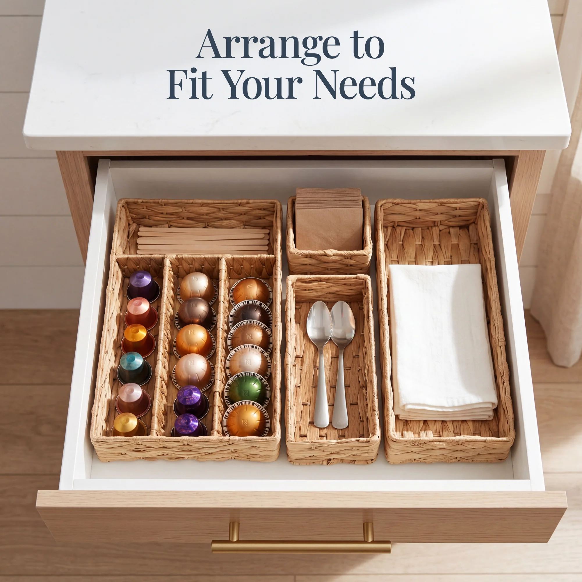 5PC Flatware Organizer Set, Woven Modular Silverware & Utensil Drawer Trays - Image 15