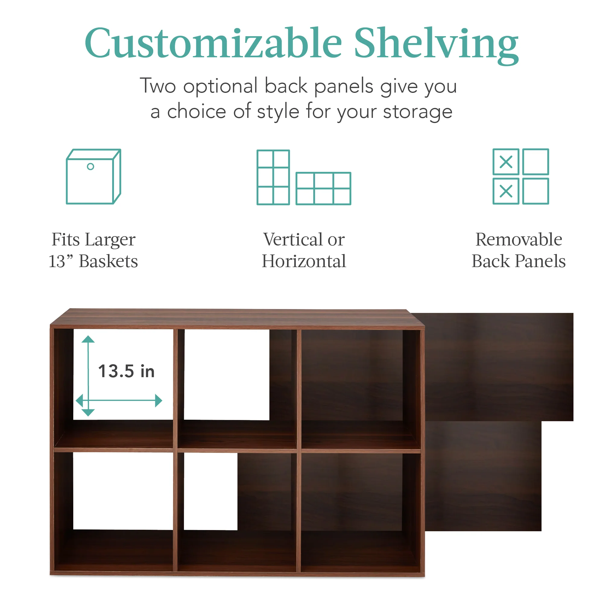 6-Cube Bookshelf, 13.5in Storage Display w/ Removable Panels, Customizable - Image 11