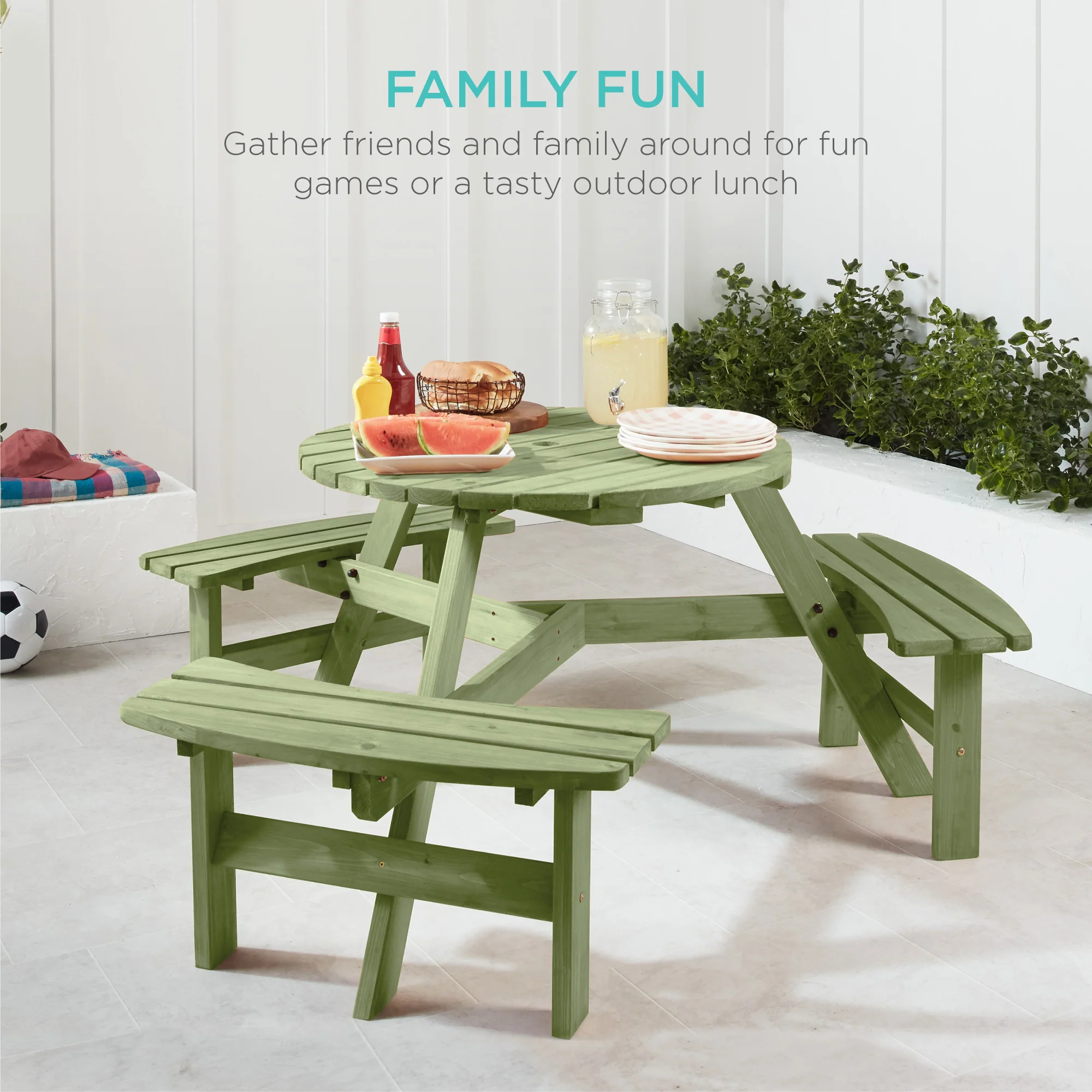 6-Person Circular Wooden Picnic Table w/ Umbrella Hole, 3 Benches - Image 13