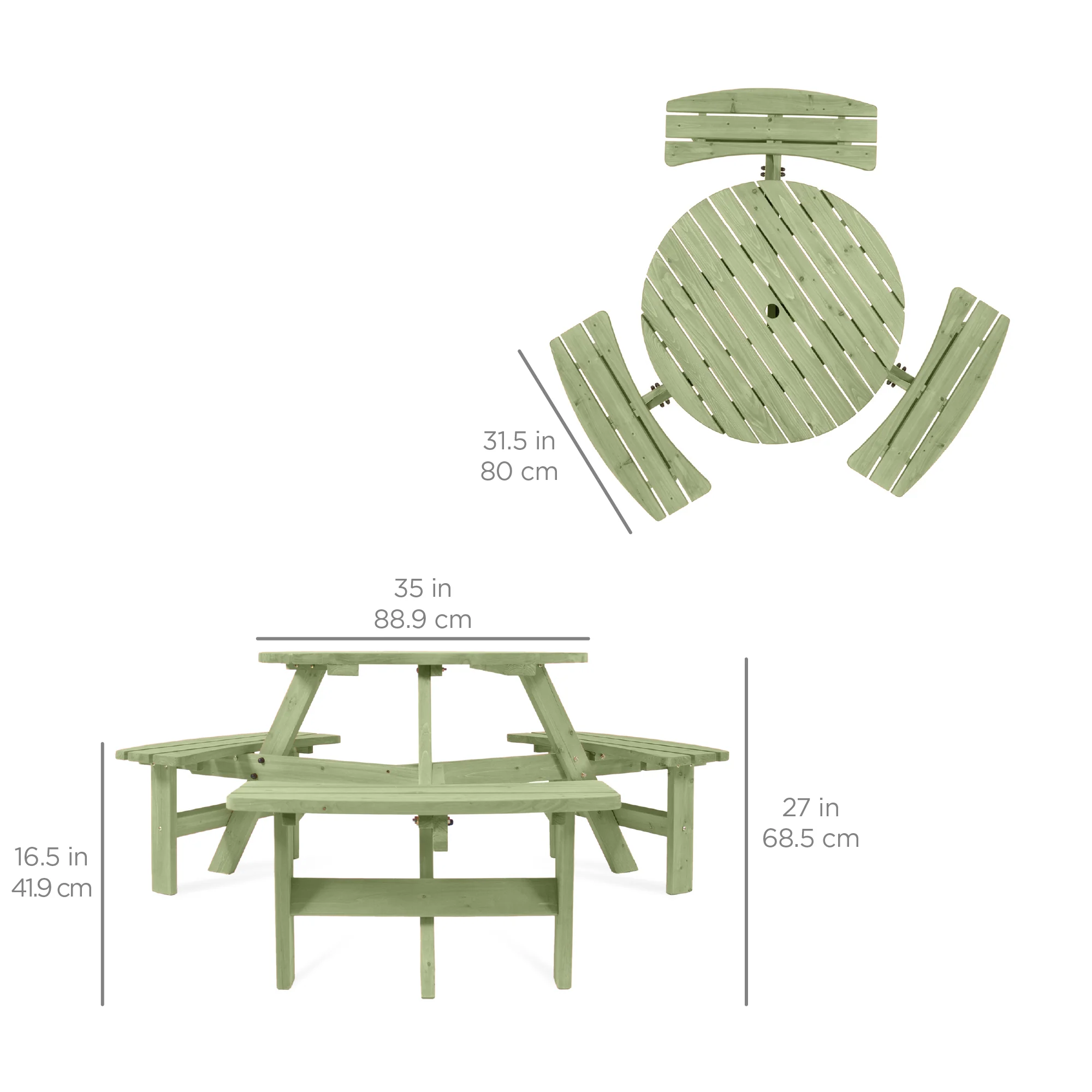 6-Person Circular Wooden Picnic Table w/ Umbrella Hole, 3 Benches - Image 14