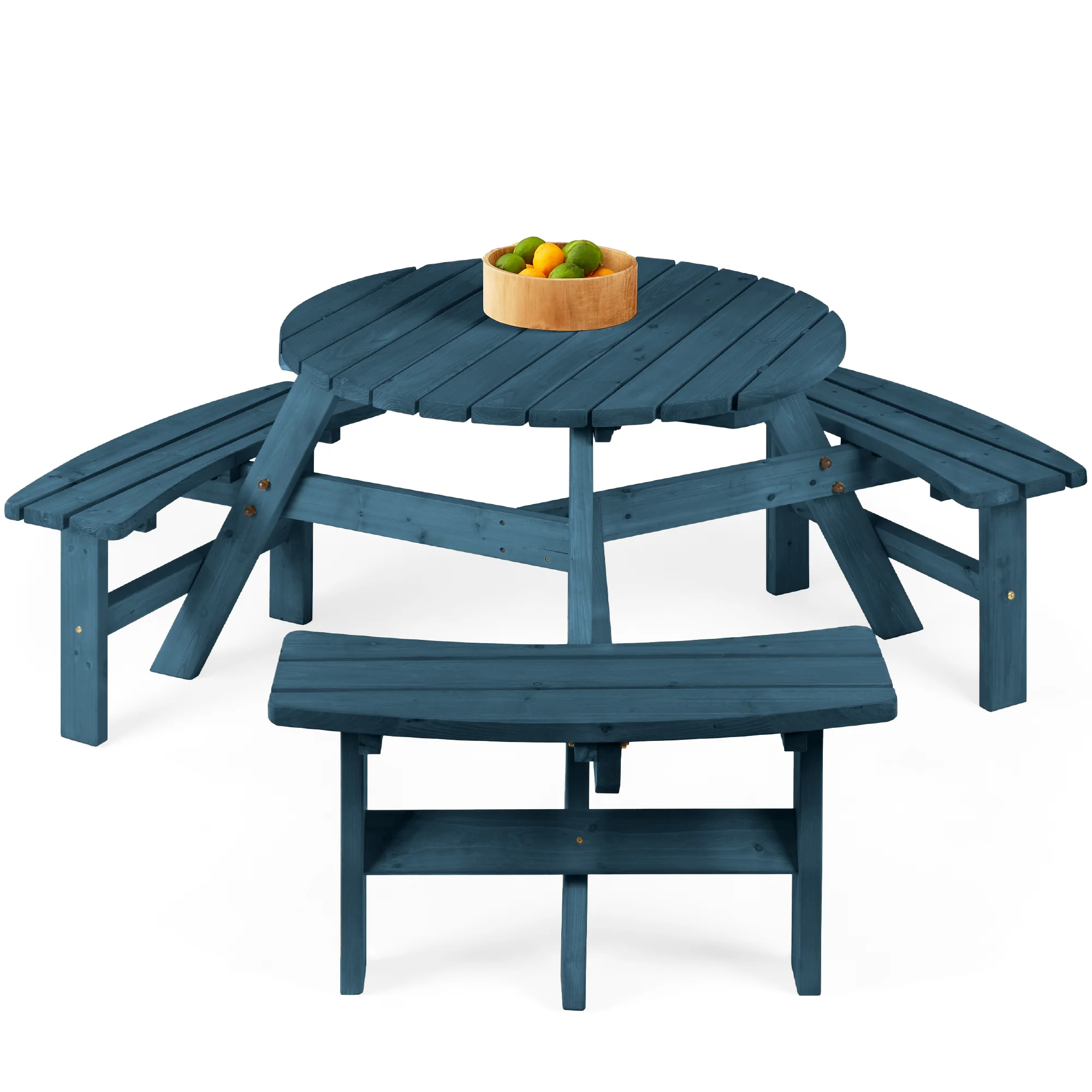6-Person Circular Wooden Picnic Table w/ Umbrella Hole, 3 Benches - Image 15