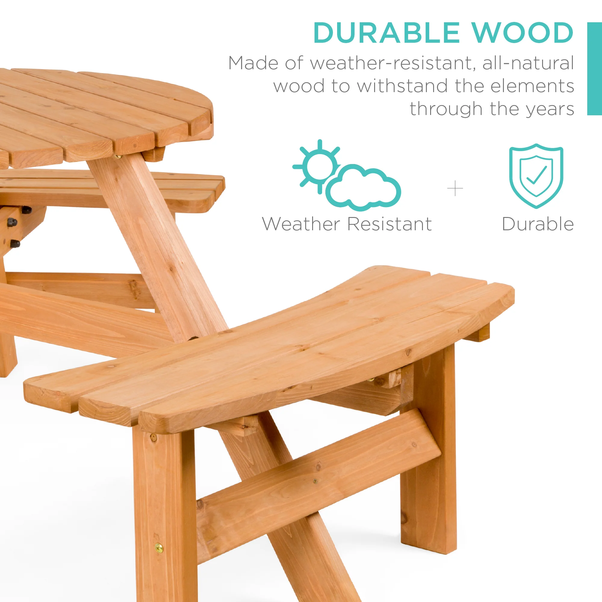 6-Person Circular Wooden Picnic Table w/ Umbrella Hole, 3 Benches - Image 2