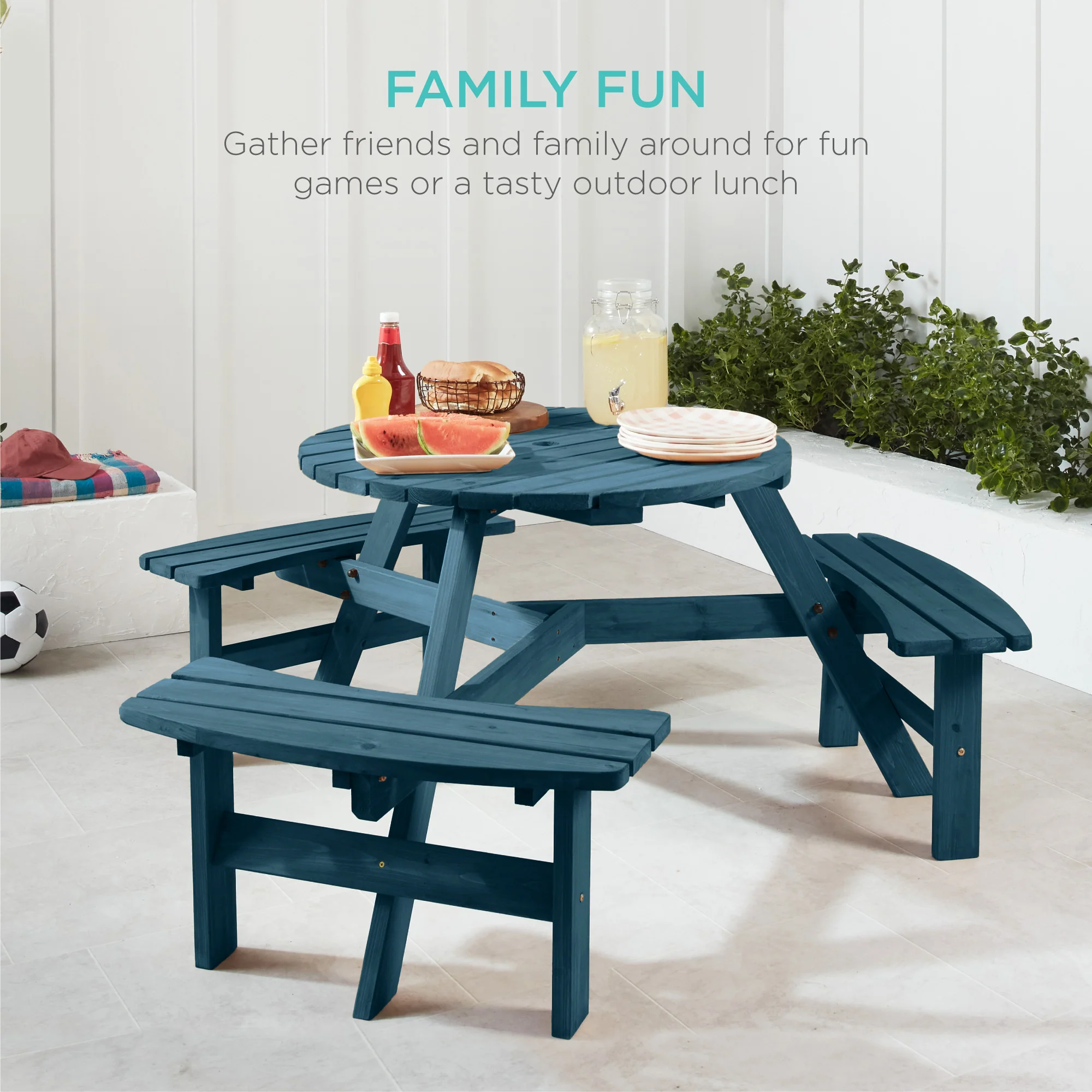 6-Person Circular Wooden Picnic Table w/ Umbrella Hole, 3 Benches - Image 20