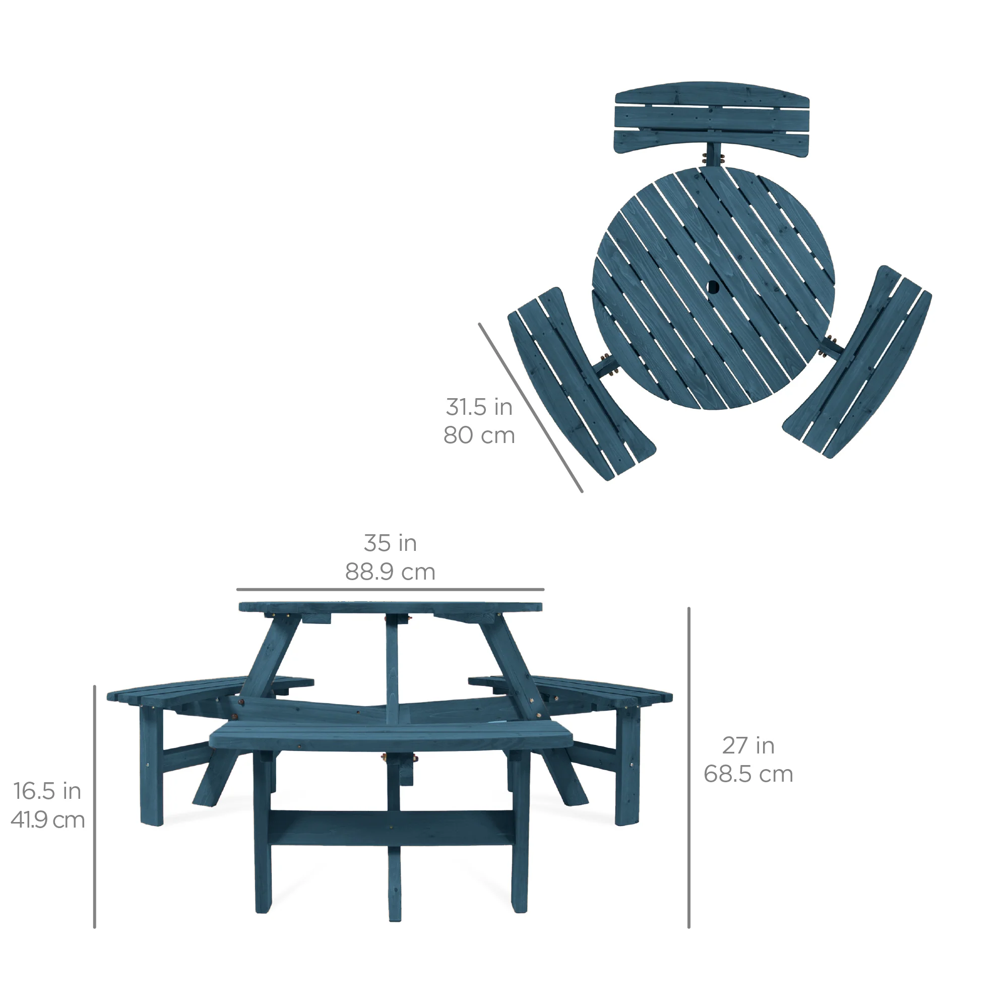 6-Person Circular Wooden Picnic Table w/ Umbrella Hole, 3 Benches - Image 21