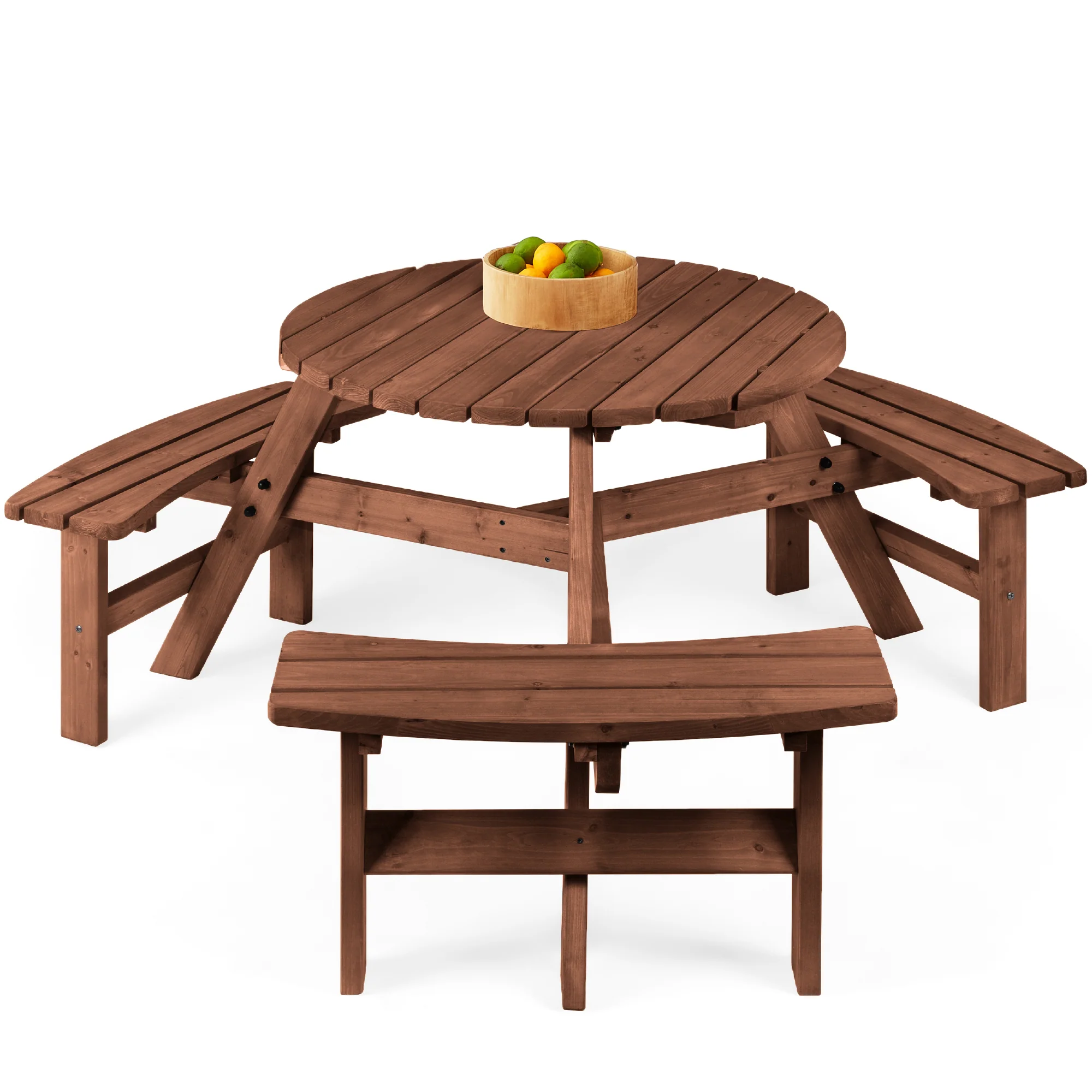 6-Person Circular Wooden Picnic Table w/ Umbrella Hole, 3 Benches - Image 22