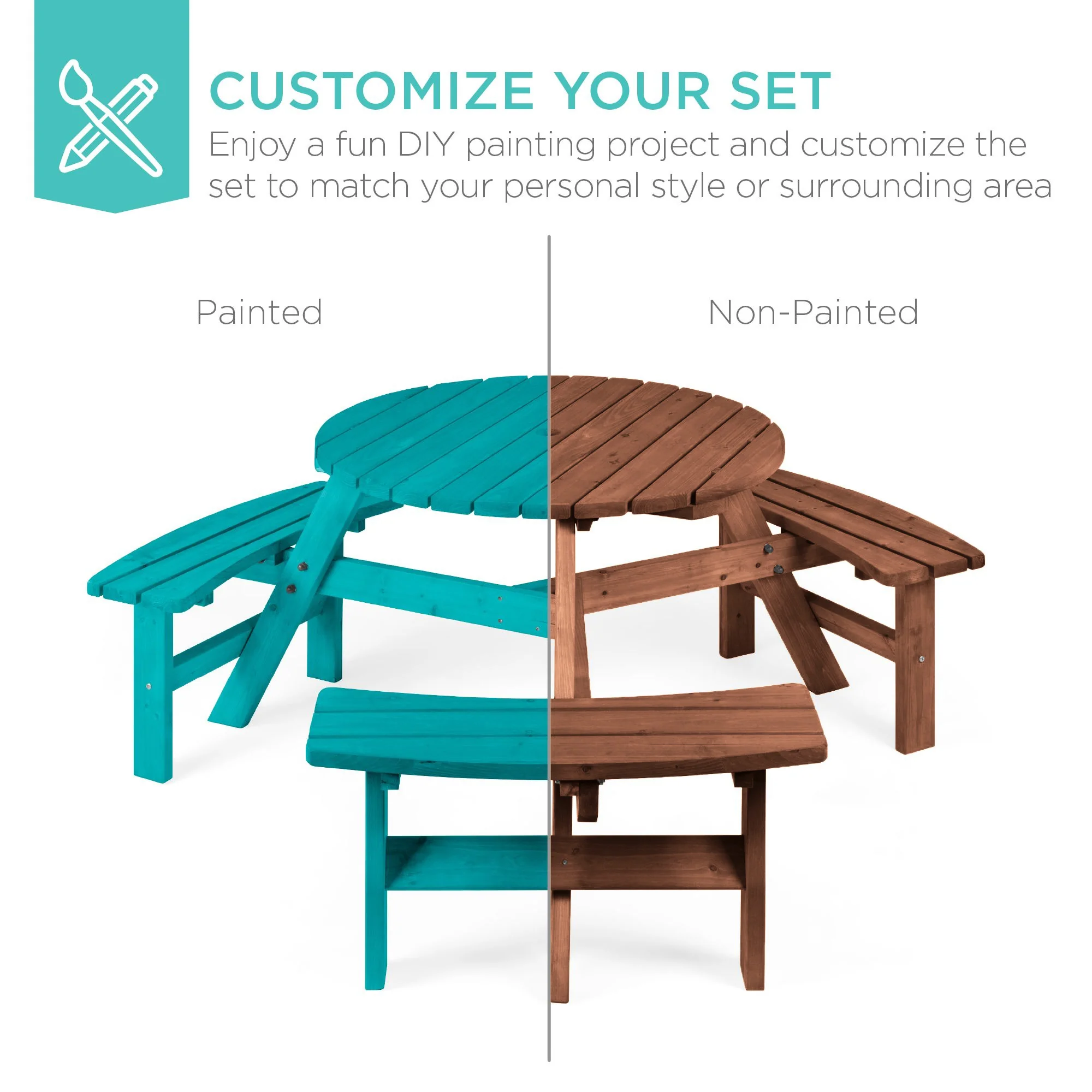 6-Person Circular Wooden Picnic Table w/ Umbrella Hole, 3 Benches - Image 26