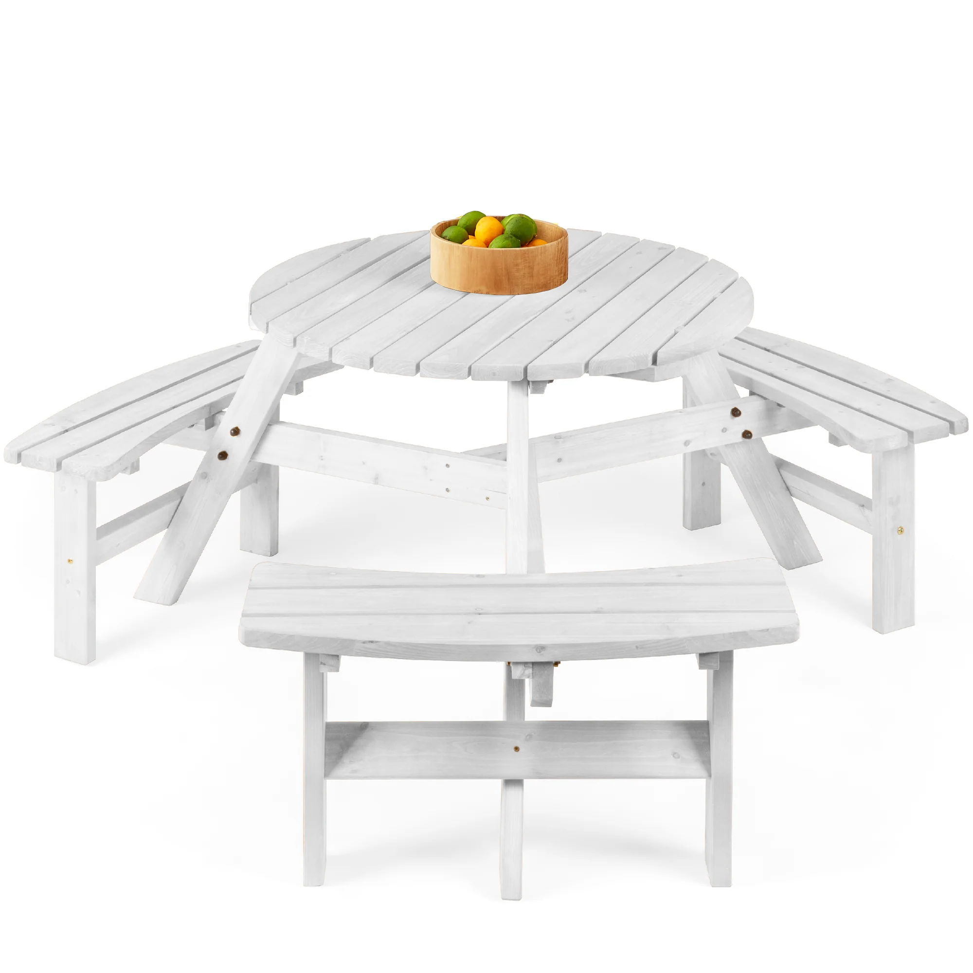 6-Person Circular Wooden Picnic Table w/ Umbrella Hole, 3 Benches - Image 29