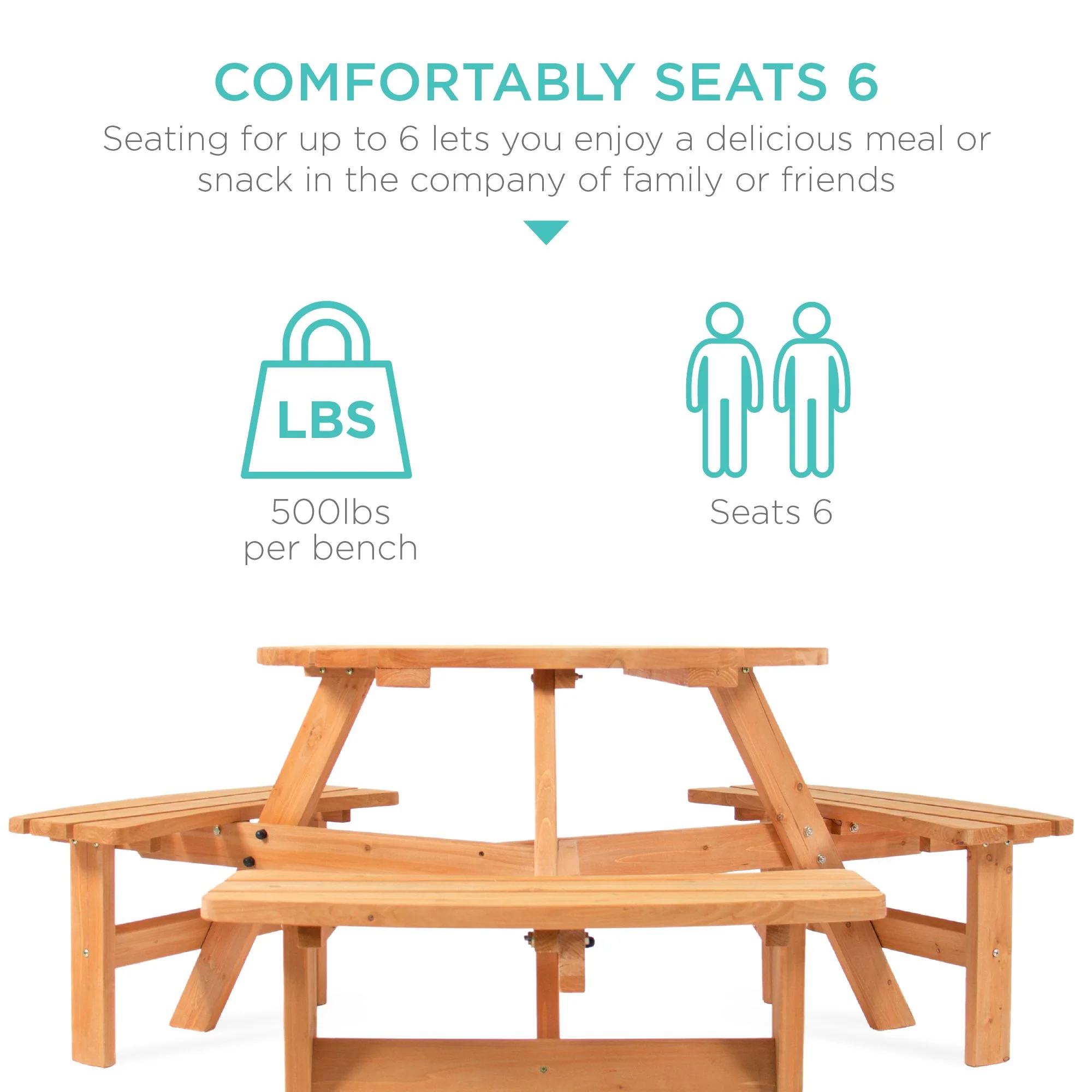 6-Person Circular Wooden Picnic Table w/ Umbrella Hole, 3 Benches - Image 3
