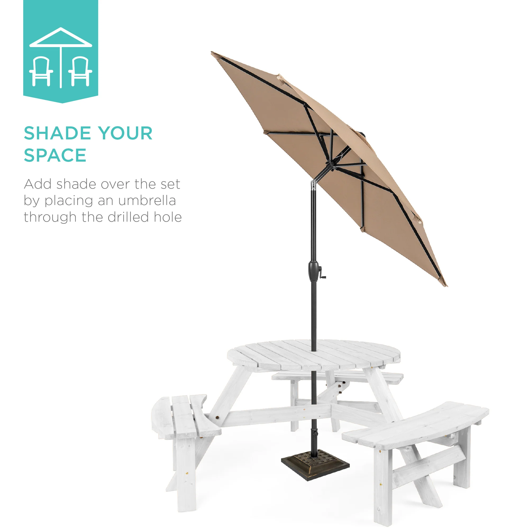 6-Person Circular Wooden Picnic Table w/ Umbrella Hole, 3 Benches - Image 32