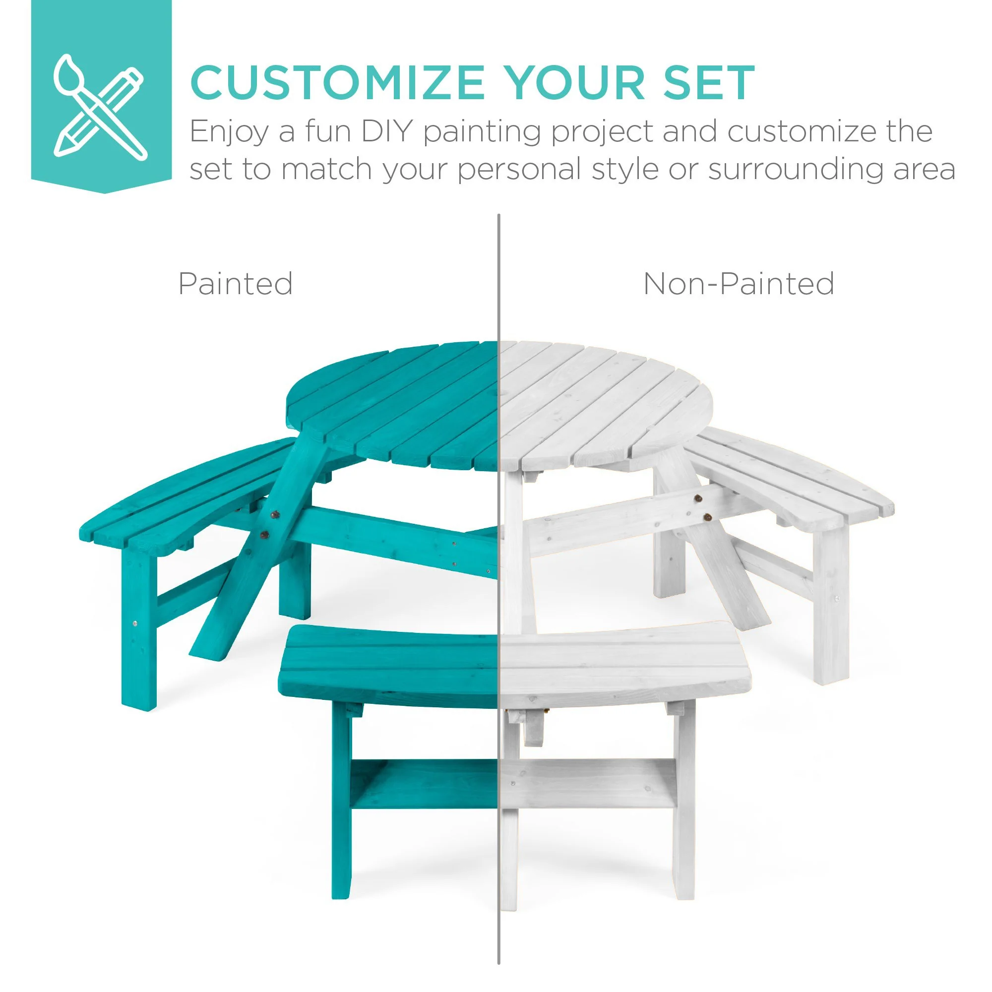 6-Person Circular Wooden Picnic Table w/ Umbrella Hole, 3 Benches - Image 33