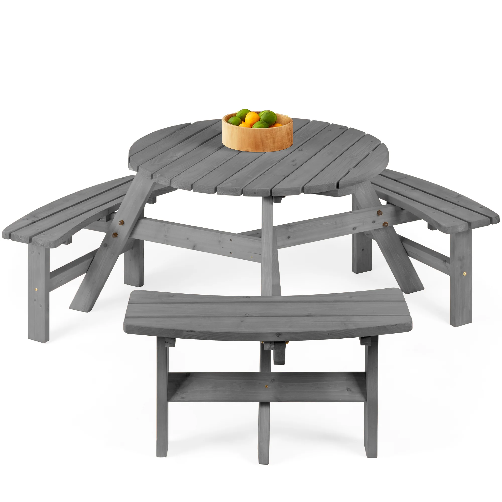 6-Person Circular Wooden Picnic Table w/ Umbrella Hole, 3 Benches - Image 36