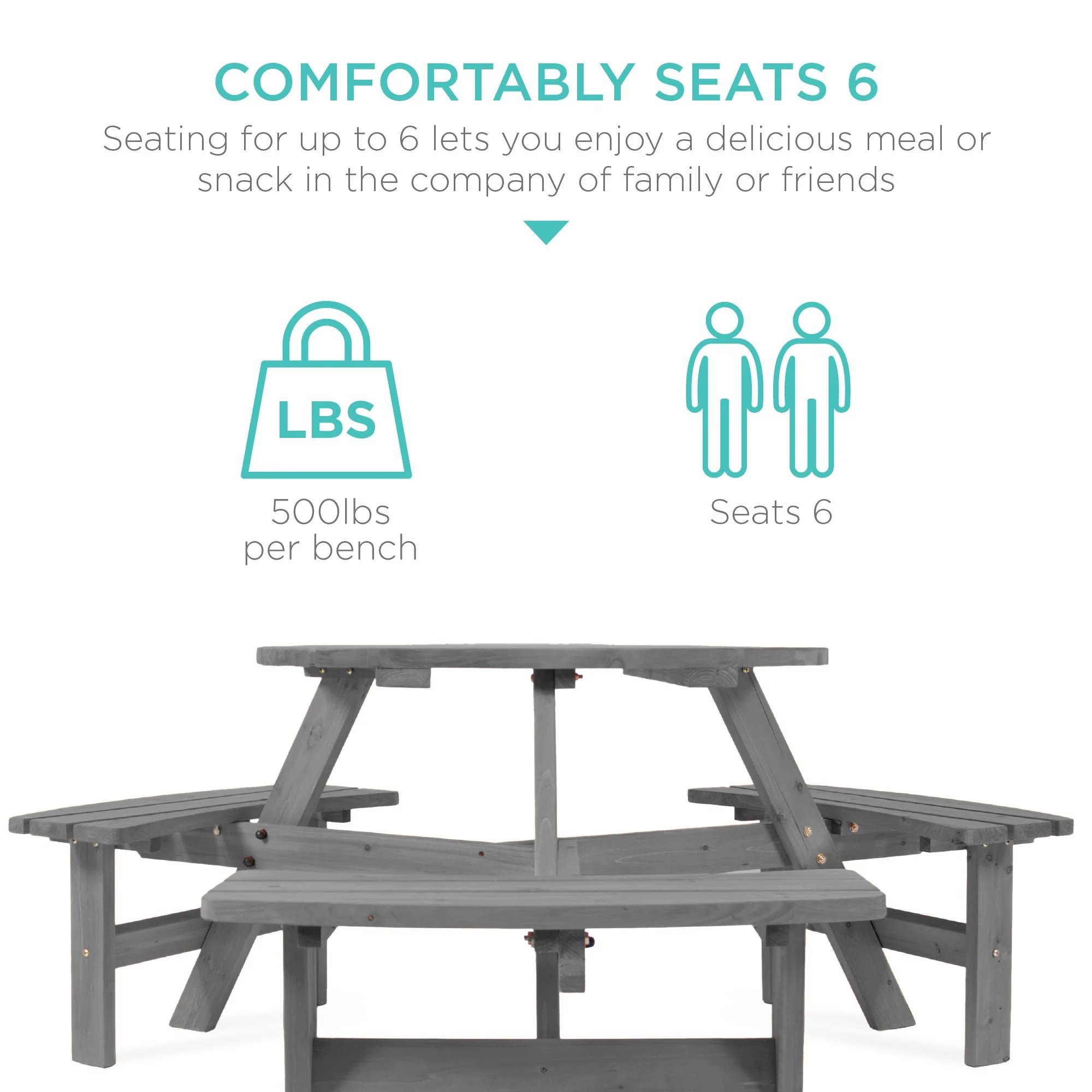 6-Person Circular Wooden Picnic Table w/ Umbrella Hole, 3 Benches - Image 38