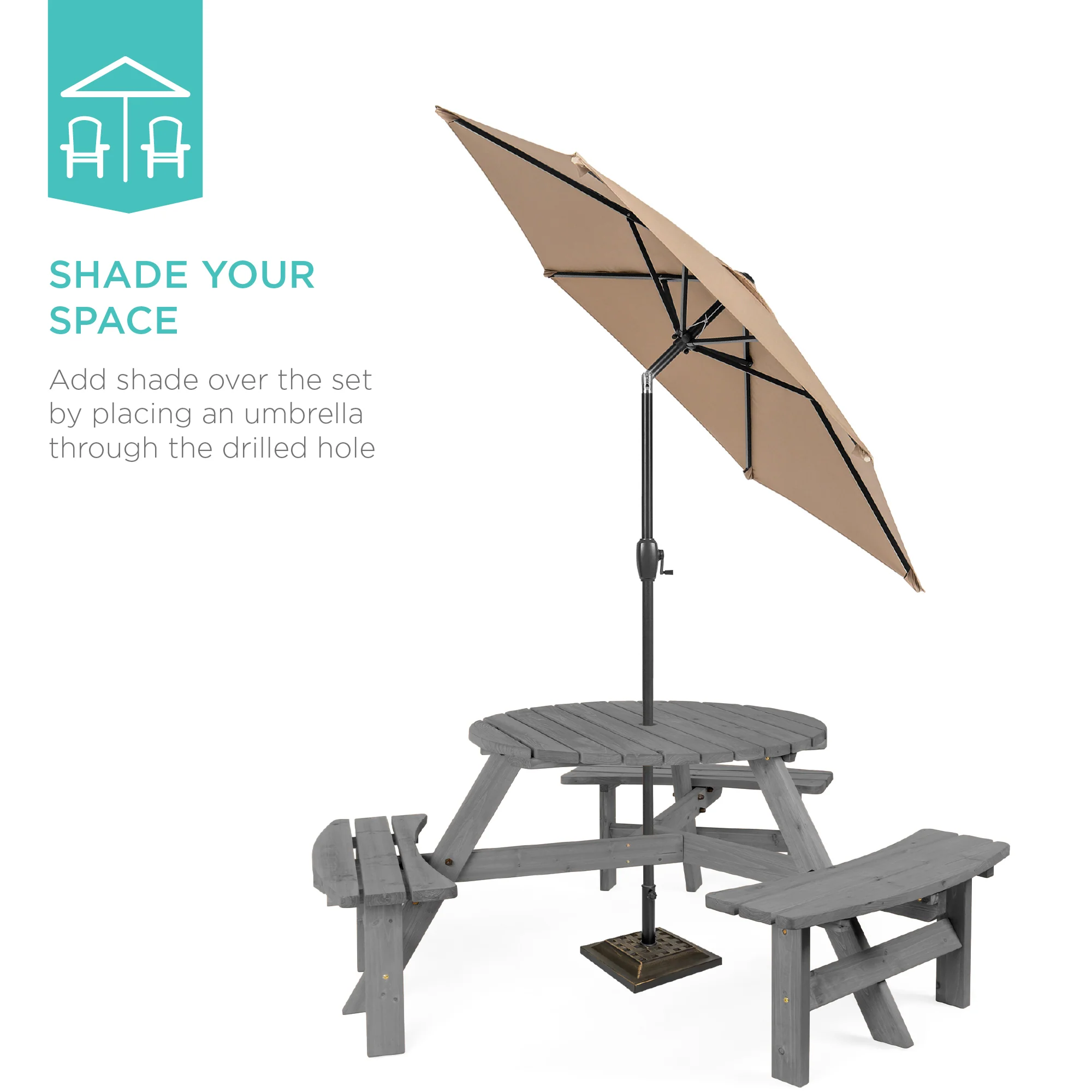 6-Person Circular Wooden Picnic Table w/ Umbrella Hole, 3 Benches - Image 39