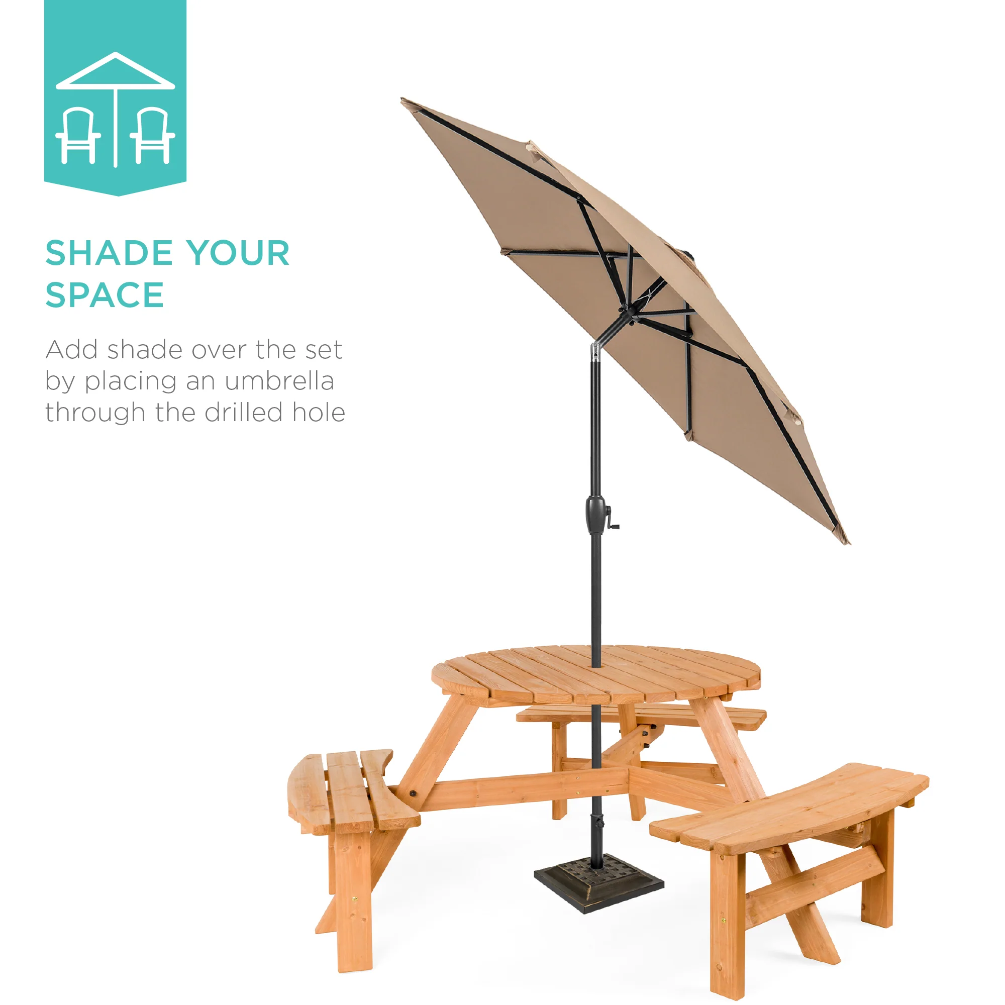 6-Person Circular Wooden Picnic Table w/ Umbrella Hole, 3 Benches - Image 4