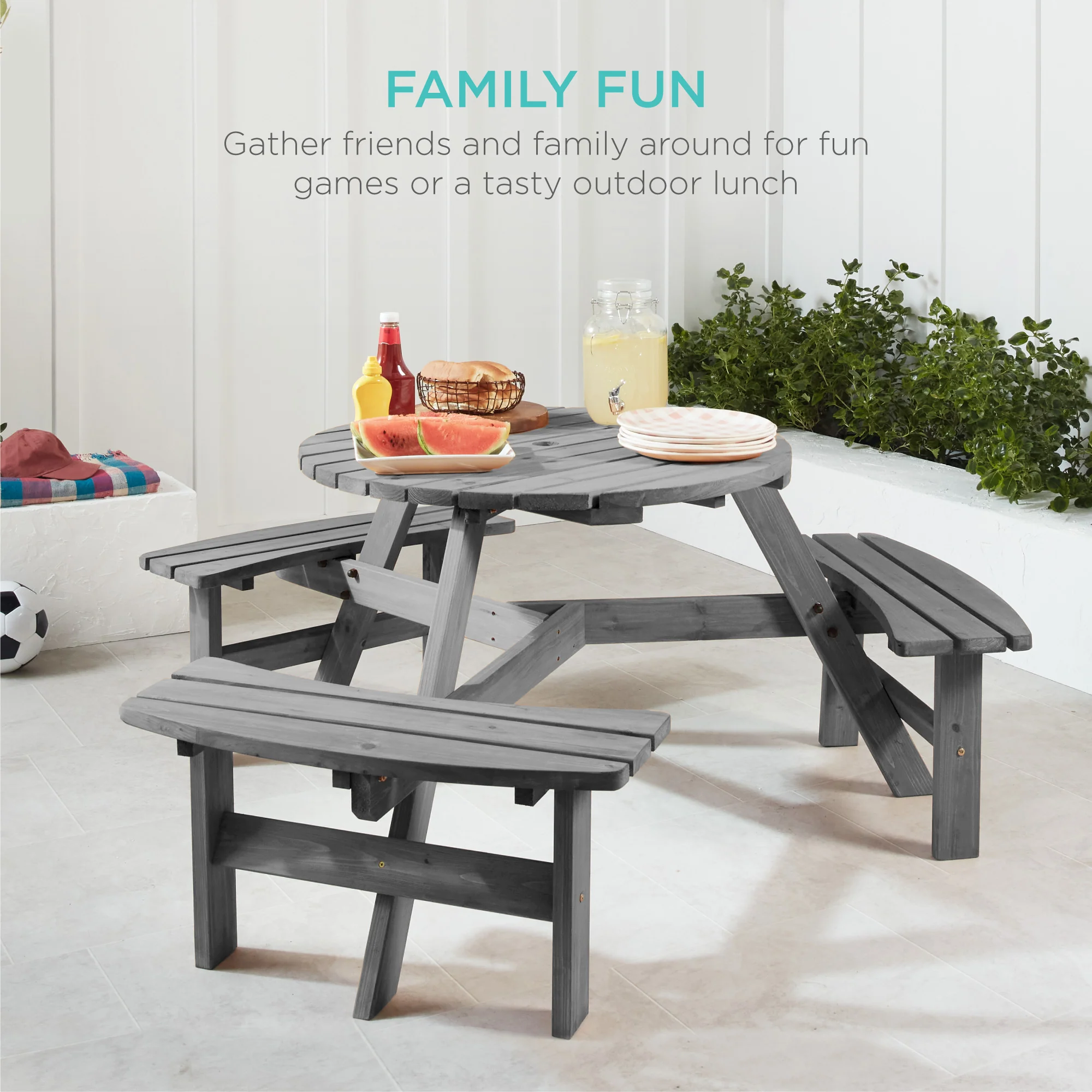 6-Person Circular Wooden Picnic Table w/ Umbrella Hole, 3 Benches - Image 41