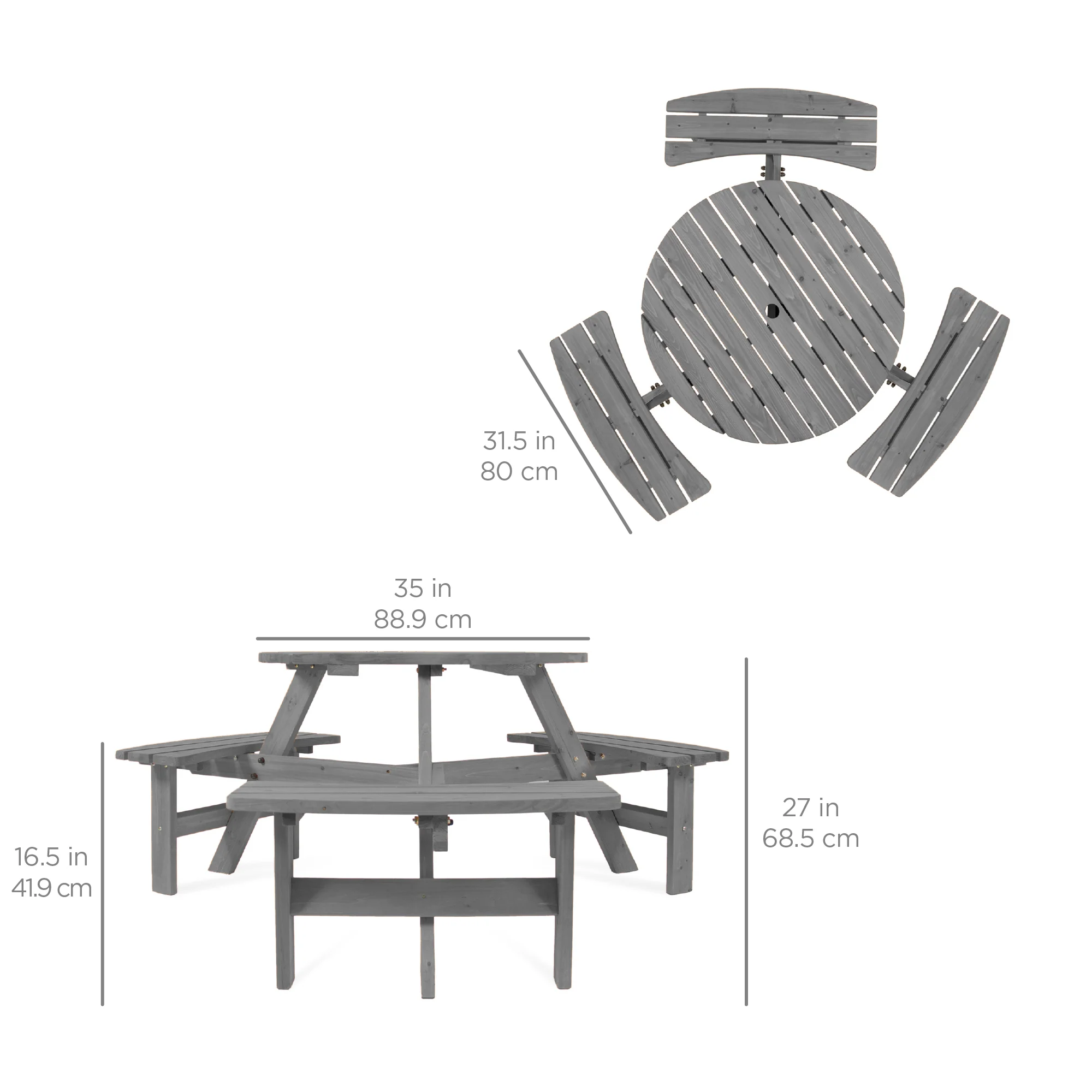 6-Person Circular Wooden Picnic Table w/ Umbrella Hole, 3 Benches - Image 42