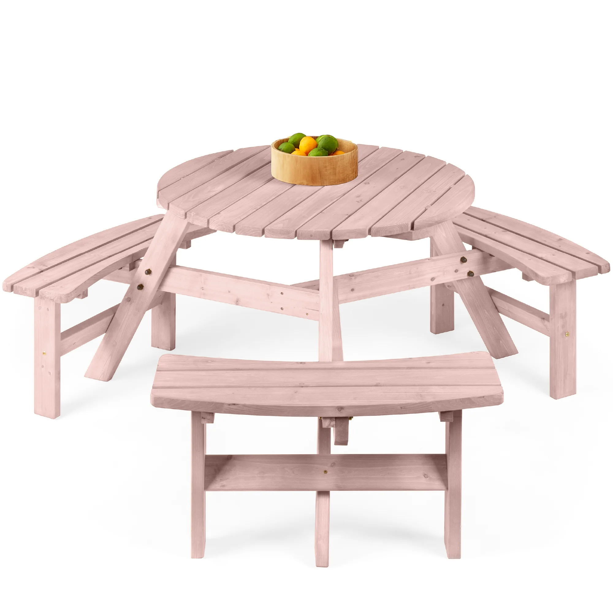 6-Person Circular Wooden Picnic Table w/ Umbrella Hole, 3 Benches - Image 43