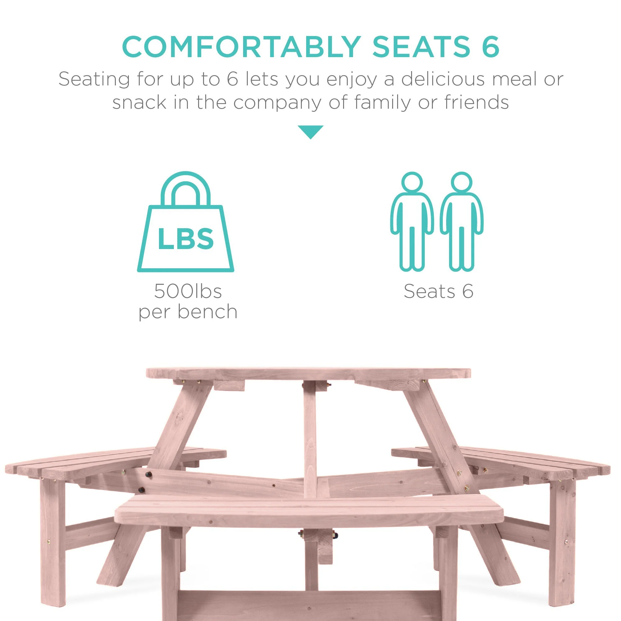 6-Person Circular Wooden Picnic Table w/ Umbrella Hole, 3 Benches - Image 45