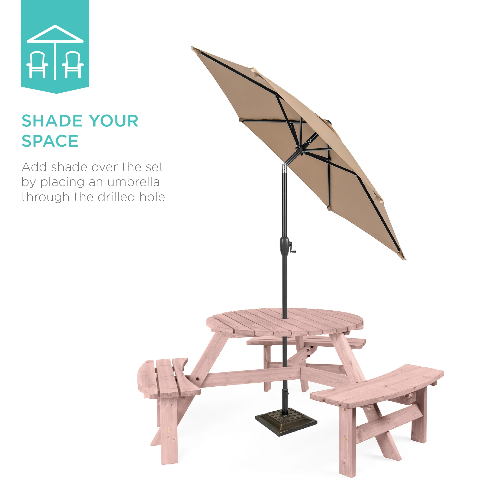 6-Person Circular Wooden Picnic Table w/ Umbrella Hole, 3 Benches - Image 46