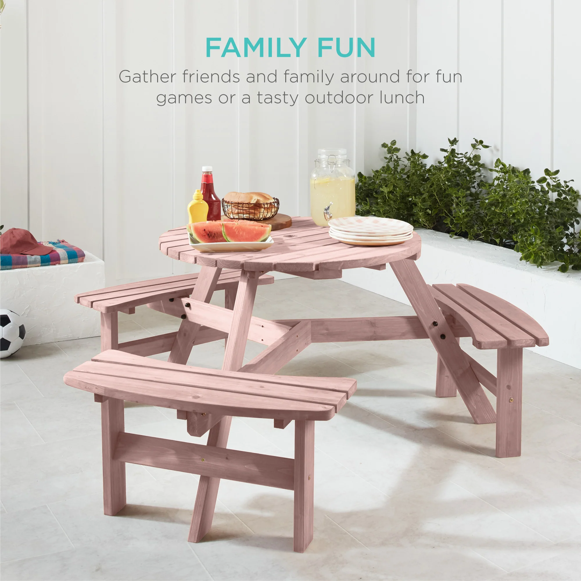 6-Person Circular Wooden Picnic Table w/ Umbrella Hole, 3 Benches - Image 48