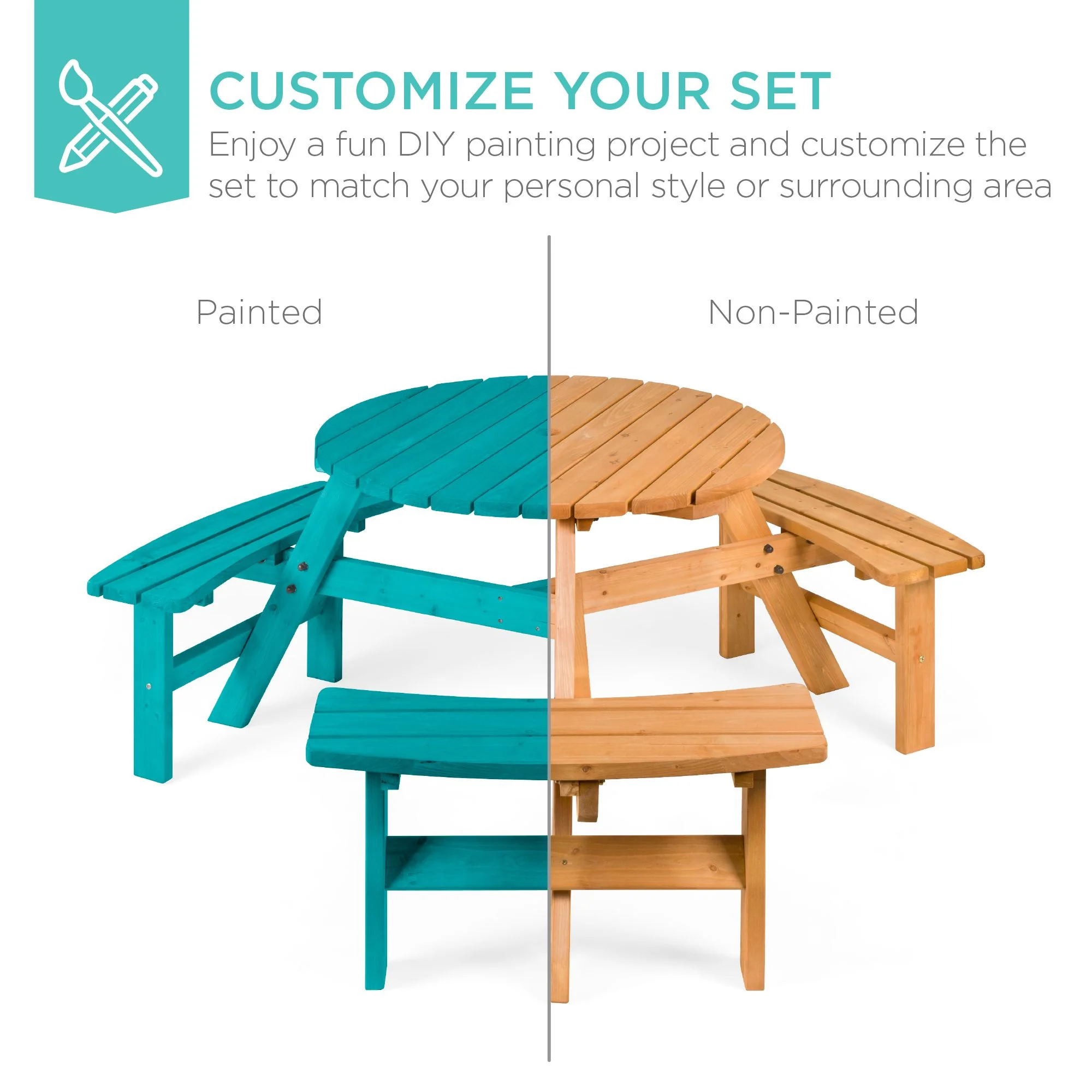 6-Person Circular Wooden Picnic Table w/ Umbrella Hole, 3 Benches - Image 5
