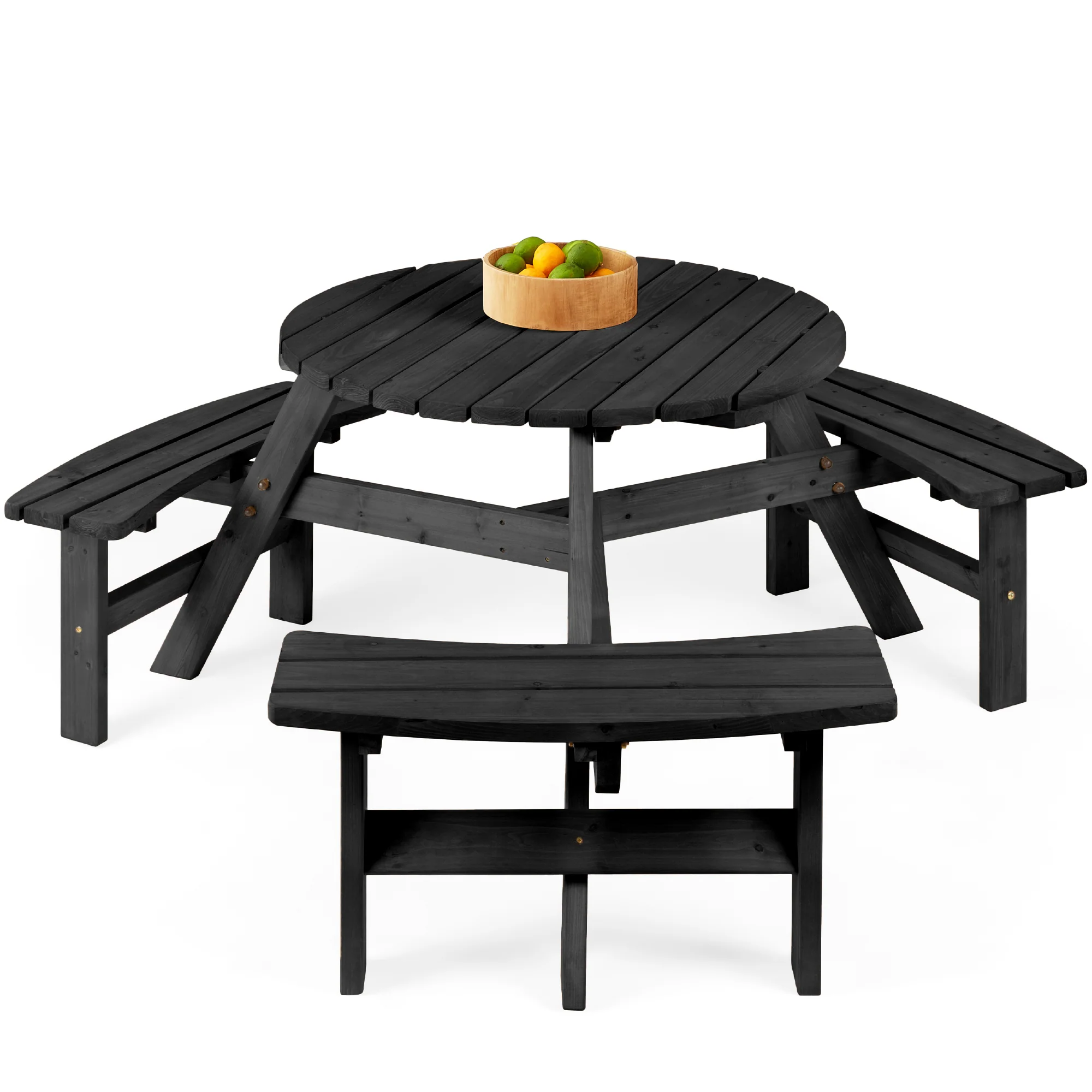 6-Person Circular Wooden Picnic Table w/ Umbrella Hole, 3 Benches - Image 50