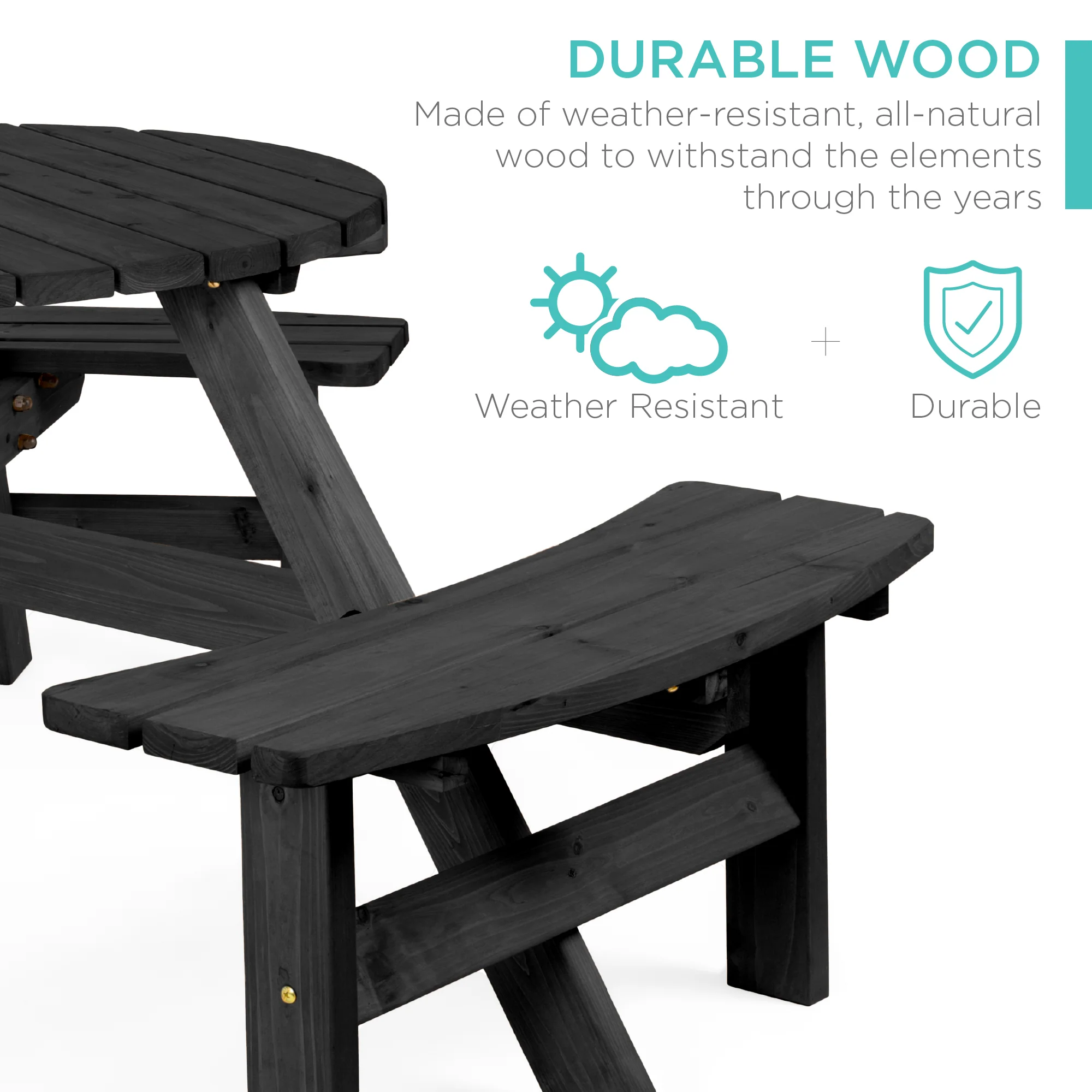 6-Person Circular Wooden Picnic Table w/ Umbrella Hole, 3 Benches - Image 51