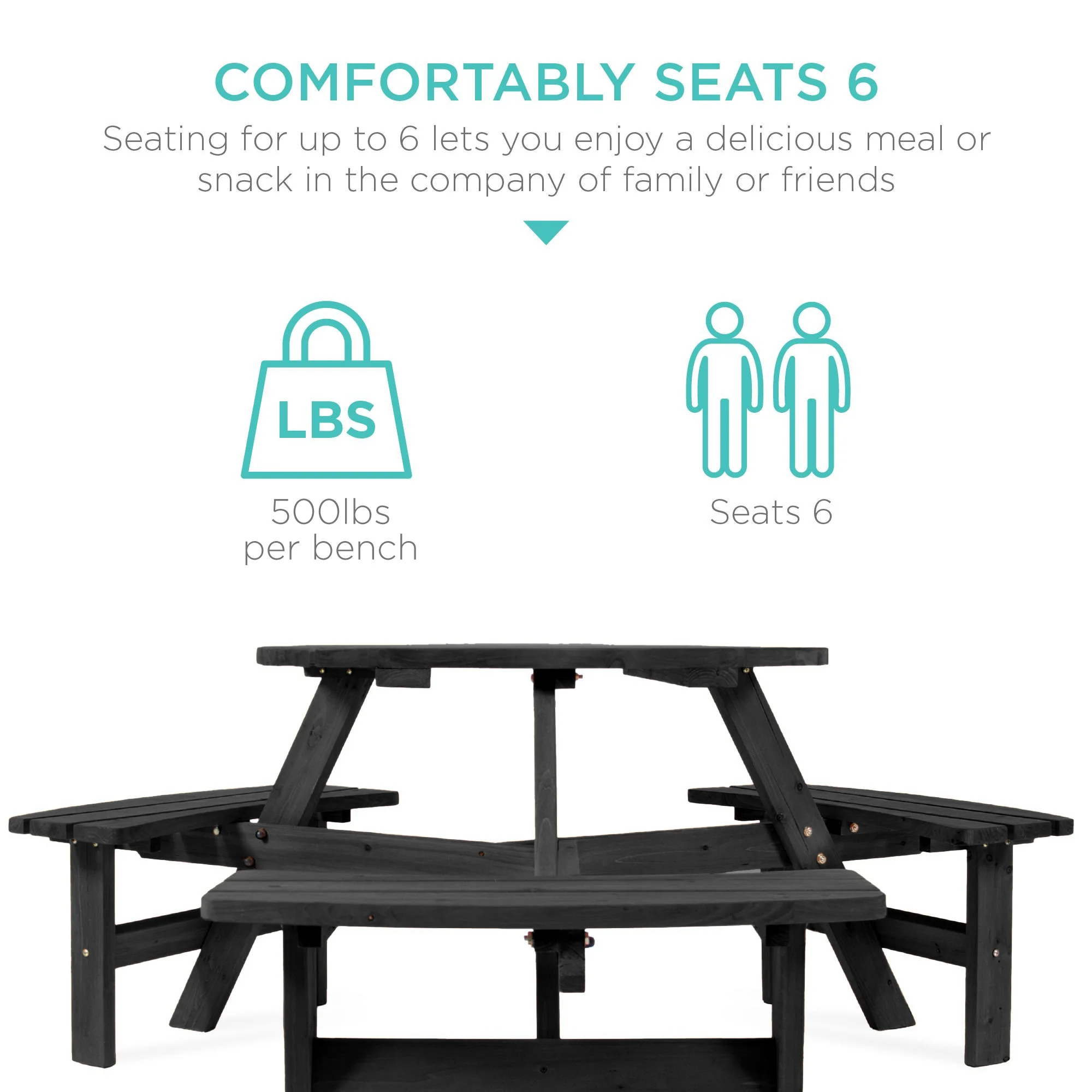 6-Person Circular Wooden Picnic Table w/ Umbrella Hole, 3 Benches - Image 52