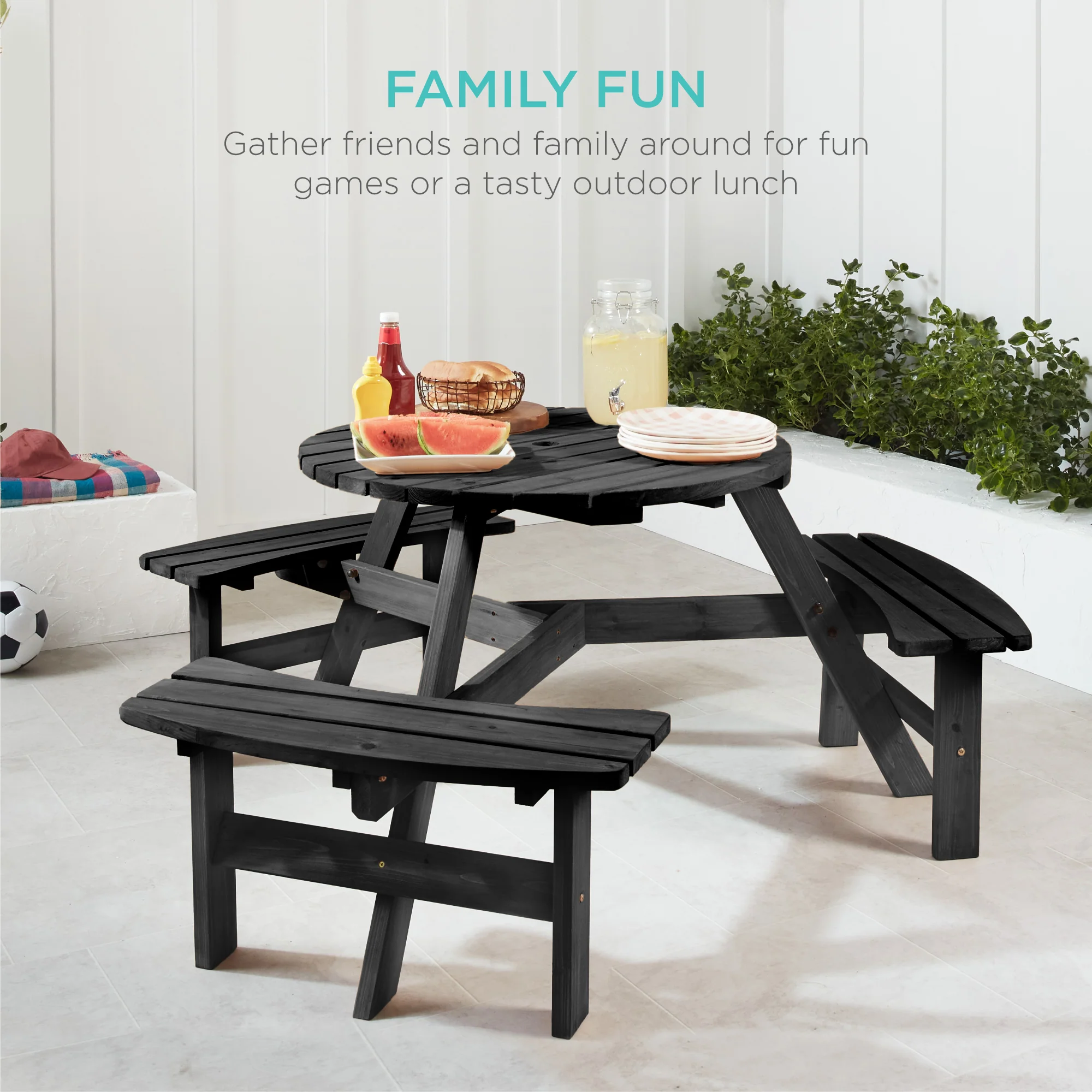 6-Person Circular Wooden Picnic Table w/ Umbrella Hole, 3 Benches - Image 55