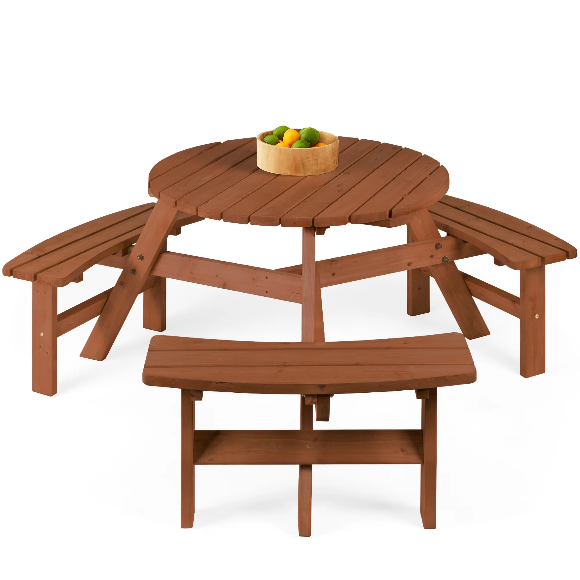 6-Person Circular Wooden Picnic Table w/ Umbrella Hole, 3 Benches - Image 57
