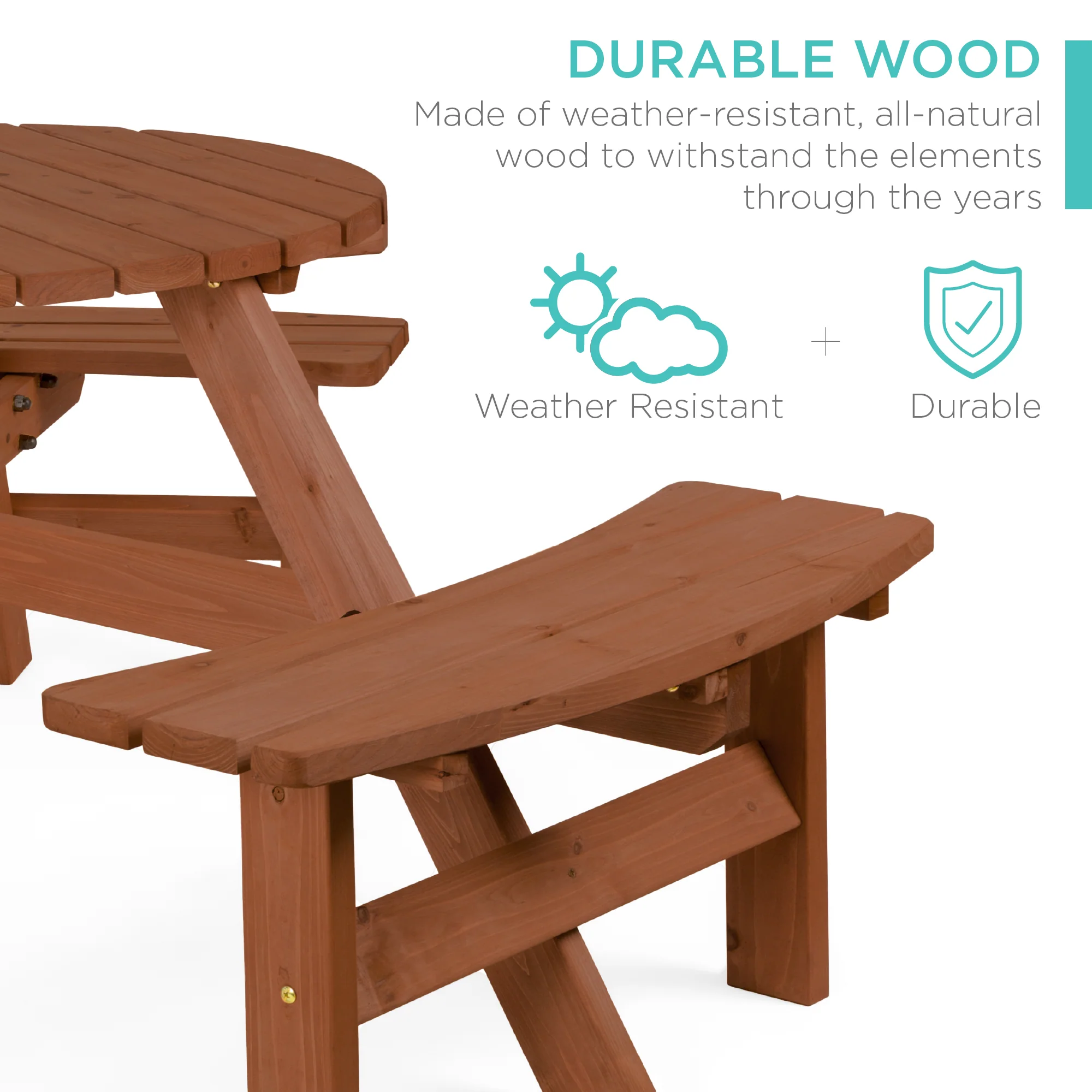 6-Person Circular Wooden Picnic Table w/ Umbrella Hole, 3 Benches - Image 58