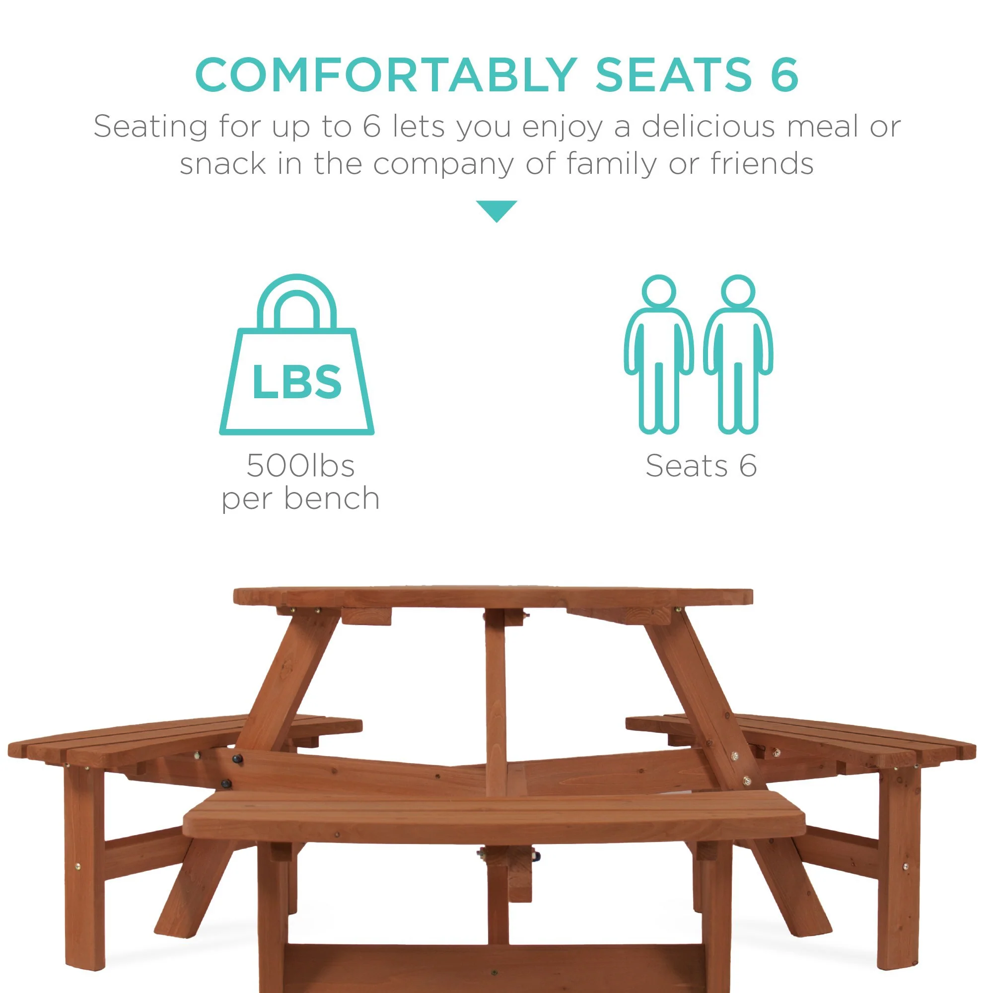 6-Person Circular Wooden Picnic Table w/ Umbrella Hole, 3 Benches - Image 59