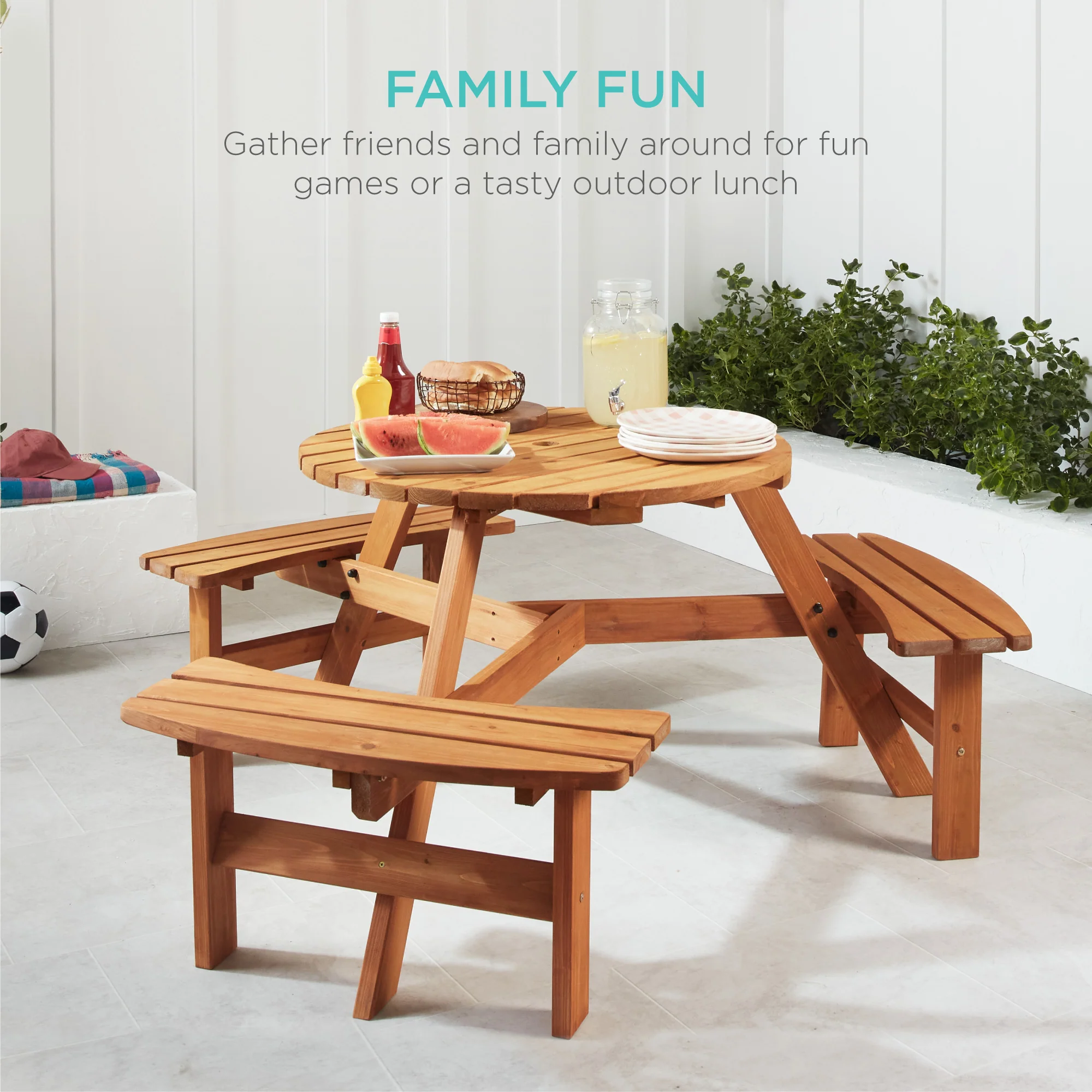 6-Person Circular Wooden Picnic Table w/ Umbrella Hole, 3 Benches - Image 6