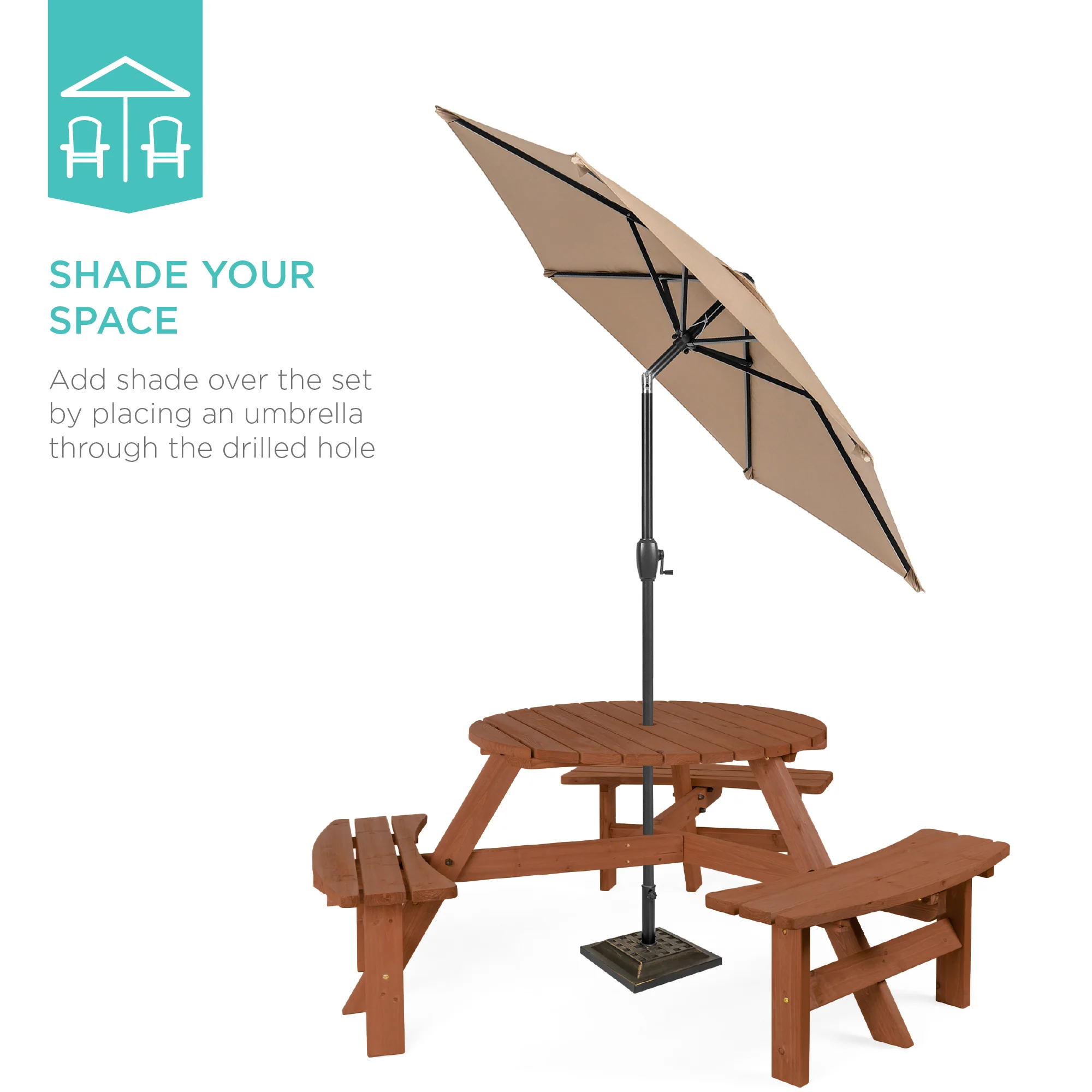 6-Person Circular Wooden Picnic Table w/ Umbrella Hole, 3 Benches - Image 60