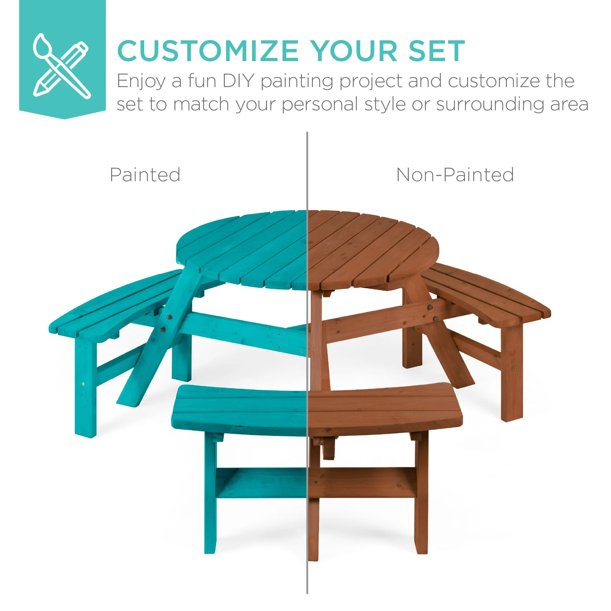 6-Person Circular Wooden Picnic Table w/ Umbrella Hole, 3 Benches - Image 61