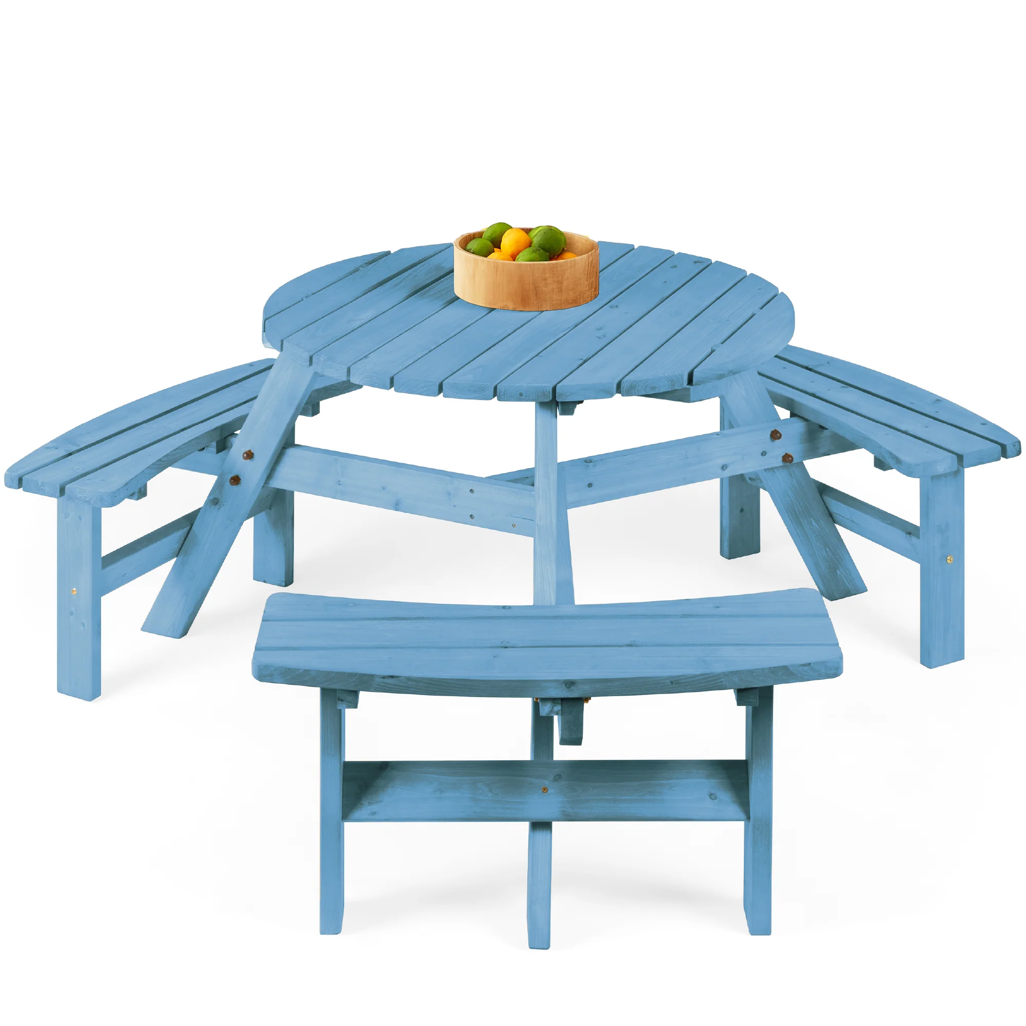 6-Person Circular Wooden Picnic Table w/ Umbrella Hole, 3 Benches - Image 64