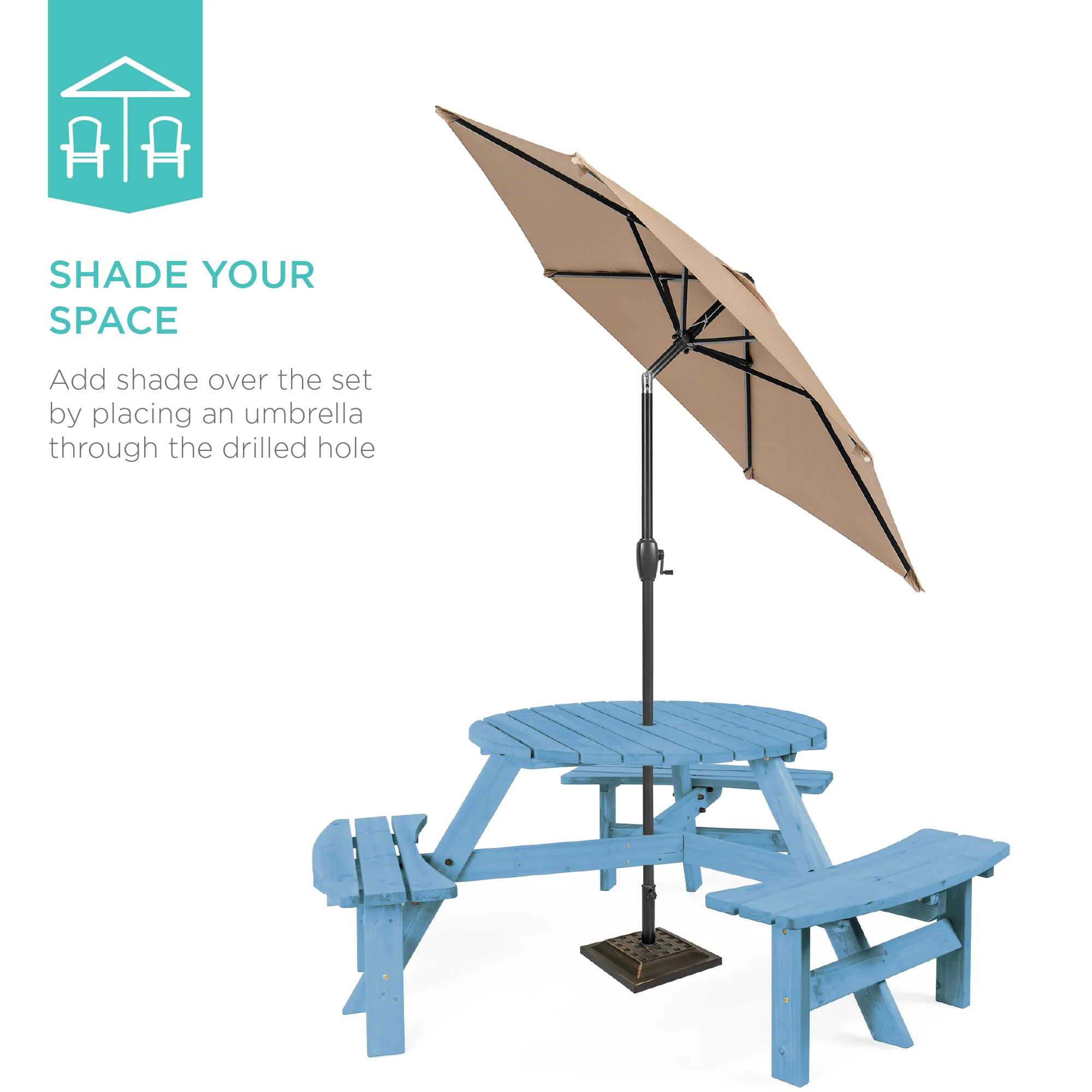 6-Person Circular Wooden Picnic Table w/ Umbrella Hole, 3 Benches - Image 67