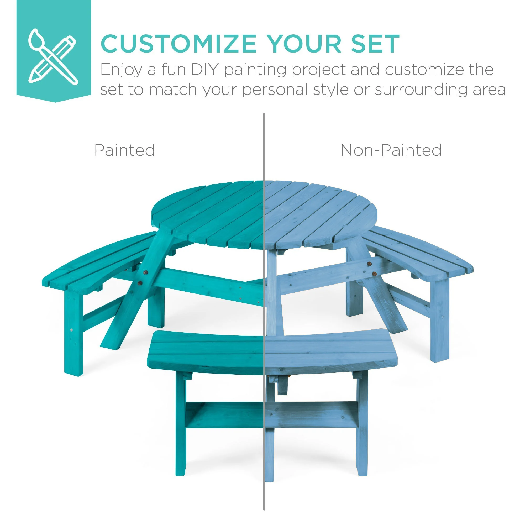 6-Person Circular Wooden Picnic Table w/ Umbrella Hole, 3 Benches - Image 68