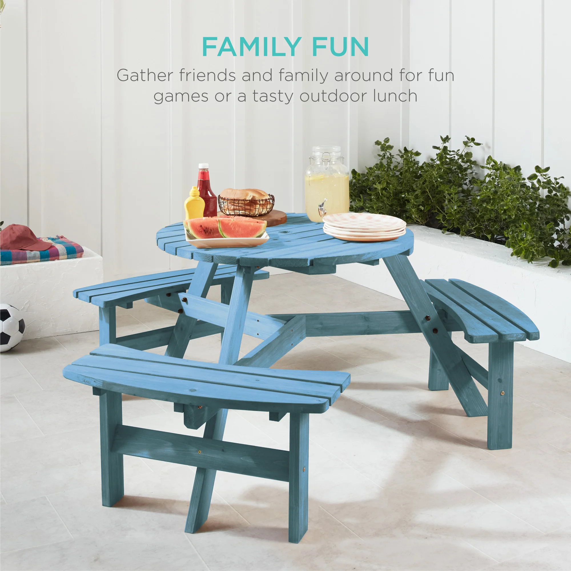 6-Person Circular Wooden Picnic Table w/ Umbrella Hole, 3 Benches - Image 69