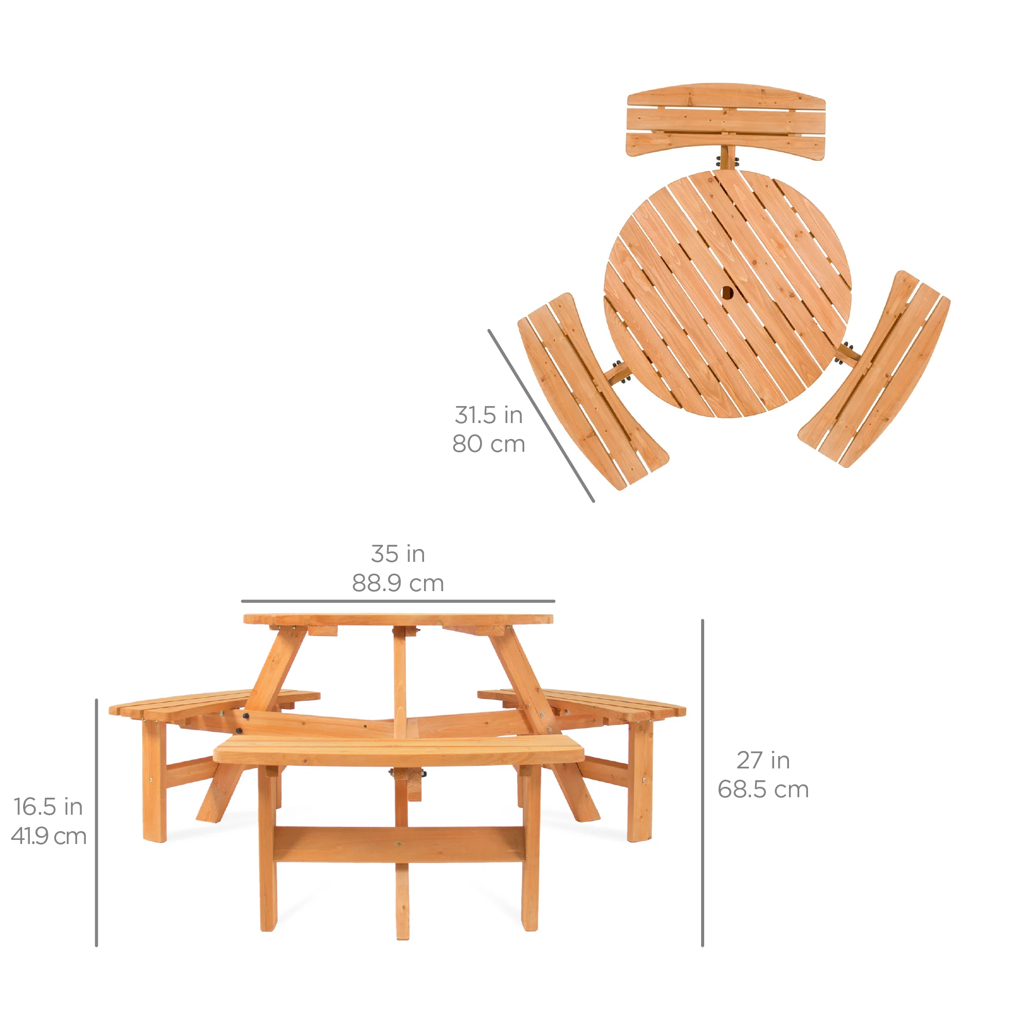 6-Person Circular Wooden Picnic Table w/ Umbrella Hole, 3 Benches - Image 7