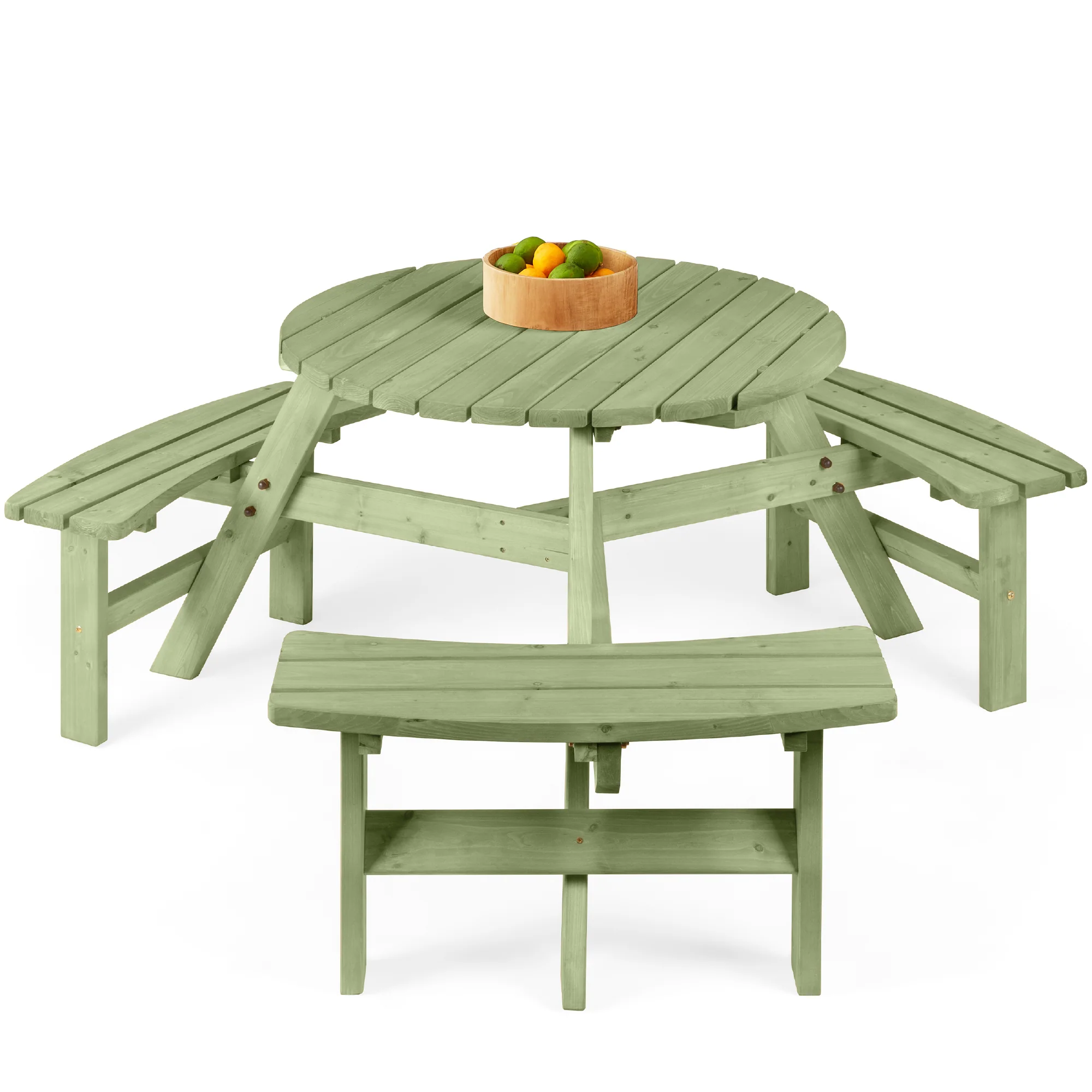 6-Person Circular Wooden Picnic Table w/ Umbrella Hole, 3 Benches - Image 8