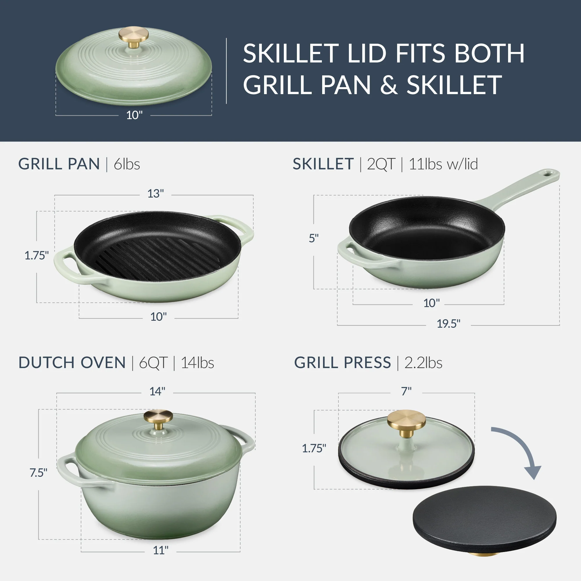 6-Piece Cast Iron Cookware Set, Dutch Oven, Skillet W/Lid, Grill Pan, Press - Image 38