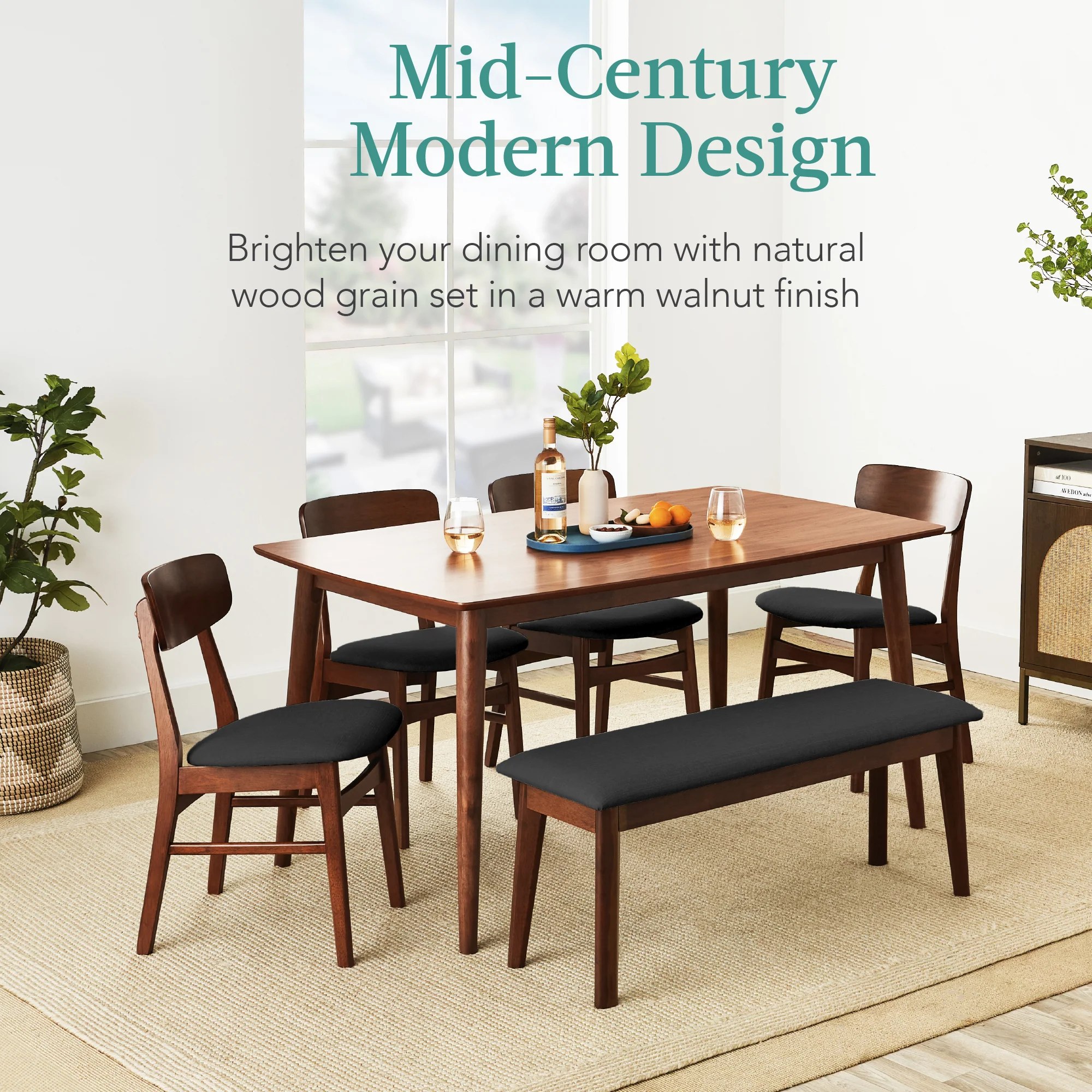 6-Piece Mid-Century Modern Upholstered Wooden Dining Set w/ 4 Chairs, Bench - Image 16