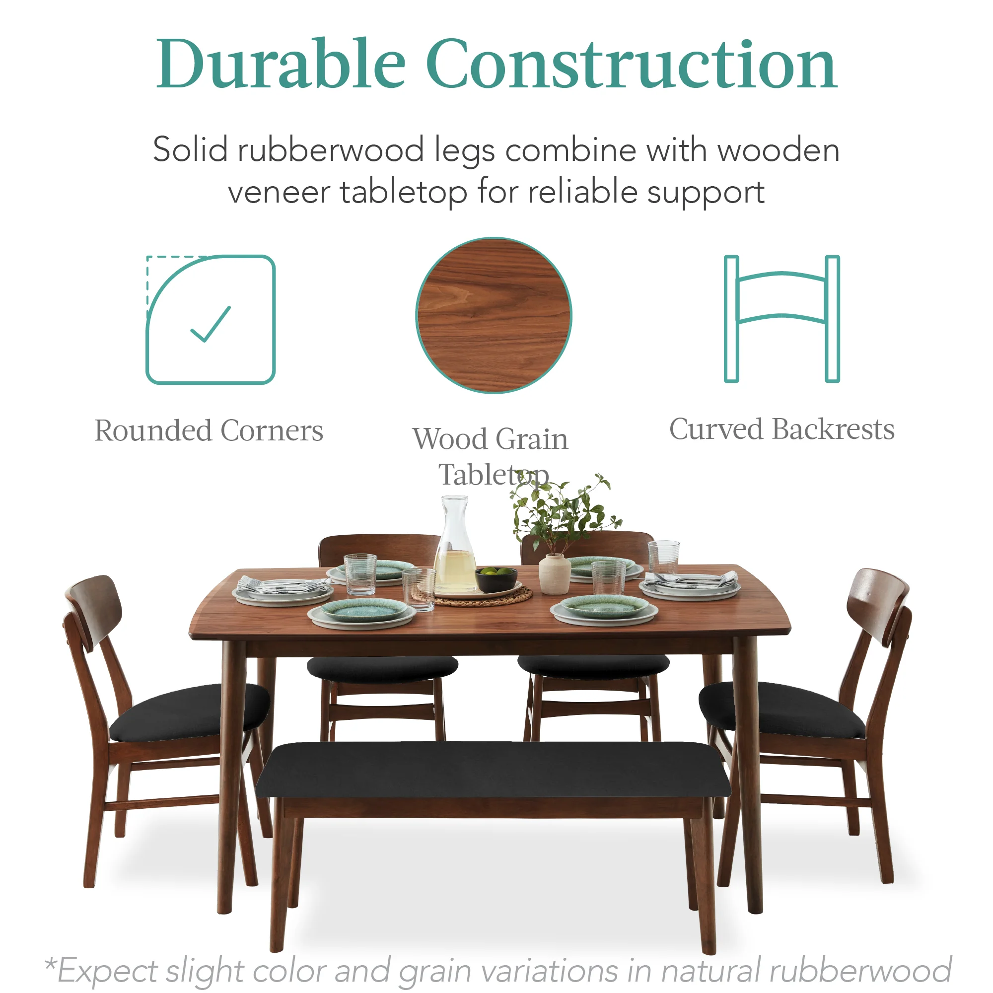 6-Piece Mid-Century Modern Upholstered Wooden Dining Set w/ 4 Chairs, Bench - Image 18