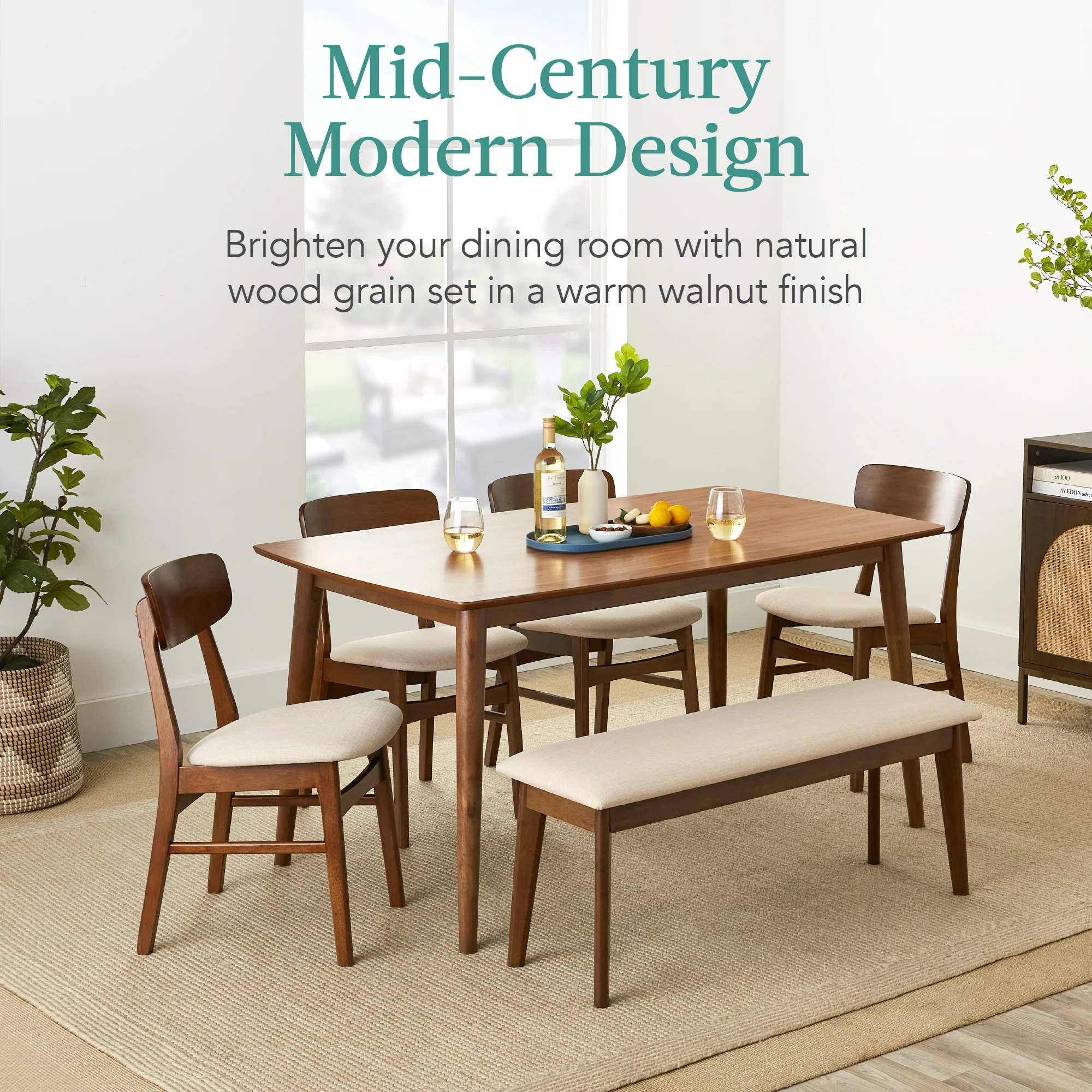 6-Piece Mid-Century Modern Upholstered Wooden Dining Set w/ 4 Chairs, Bench - Image 2